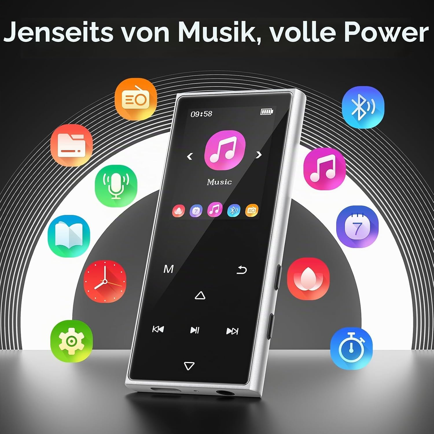 Ein silberner MP3-Player mit Touchscreen steht zentral vor einem grauen Hintergrund voller bunter App-Symbole.