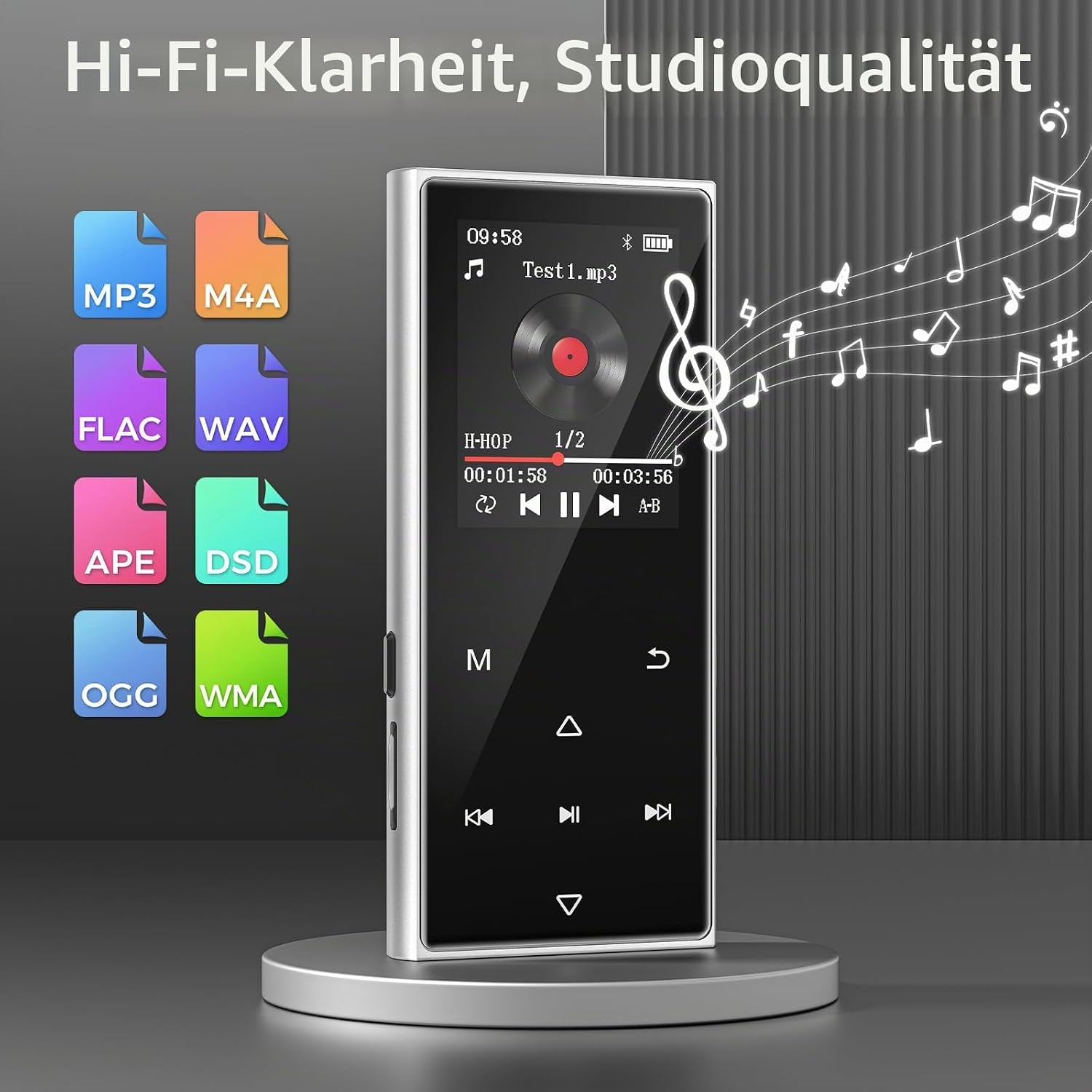 Ein silberner Musikplayer auf einem Ständer mit bunten Audioformat-Symbolen und Noten.
