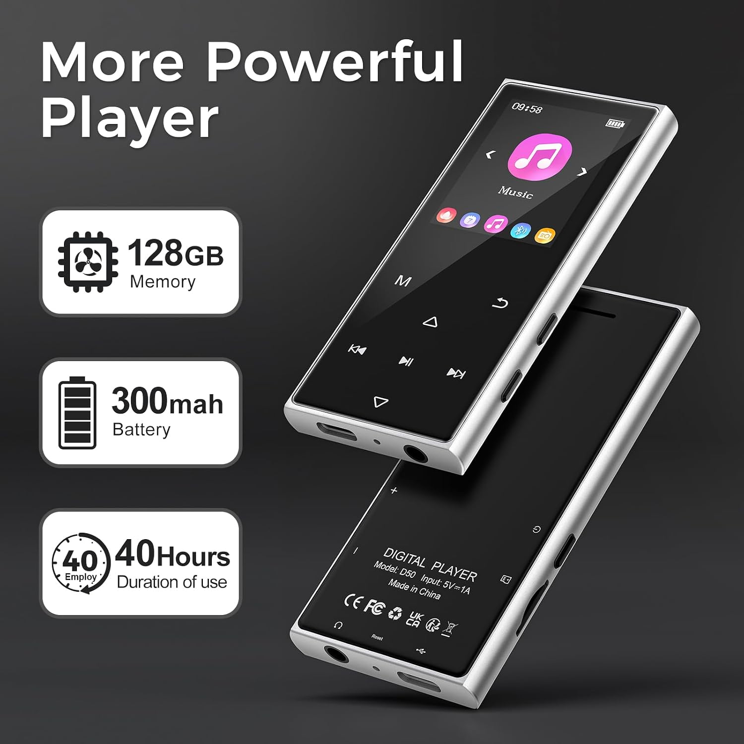 Zwei silberne MP3-Player mit Text und Symbolen für 128GB Speicher, 300mAh Akku und 40 Stunden Laufzeit auf schwarzem Grund.