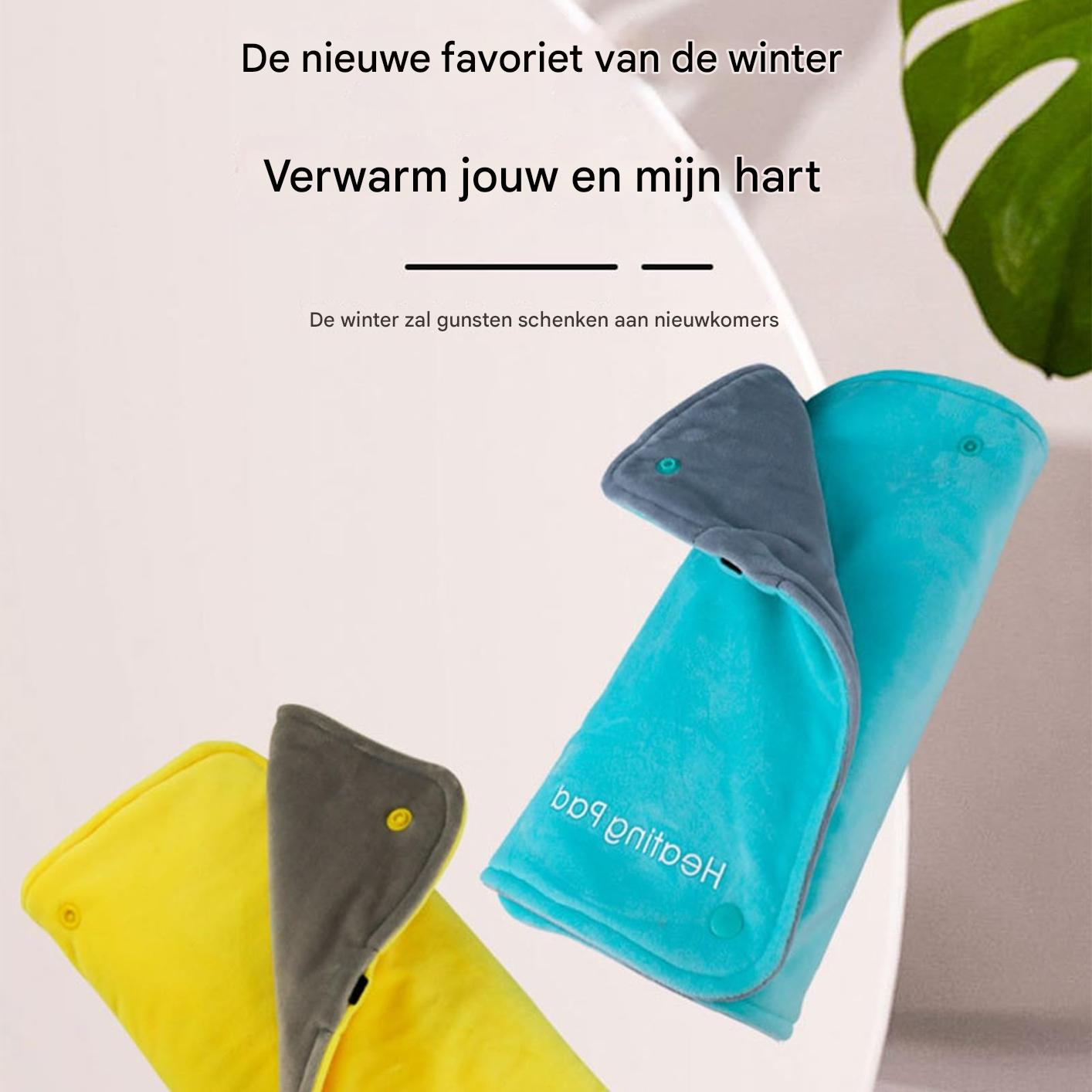 Blaue und gelbe Handwärmer mit Text und grünem Blatt im Hintergrund.