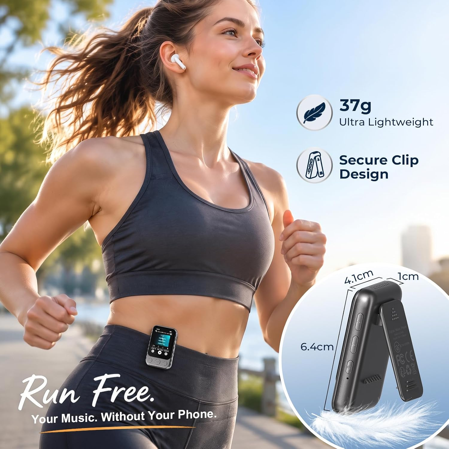 Eine Frau läuft im Freien mit einem kleinen Musikplayer und In-Ear-Kopfhörern, daneben Produktdetails.