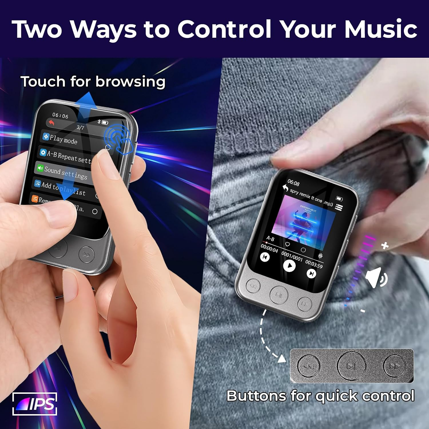 Ein tragbarer Musikplayer mit Touch-Bedienung links und Tastensteuerung rechts in einer Tasche.