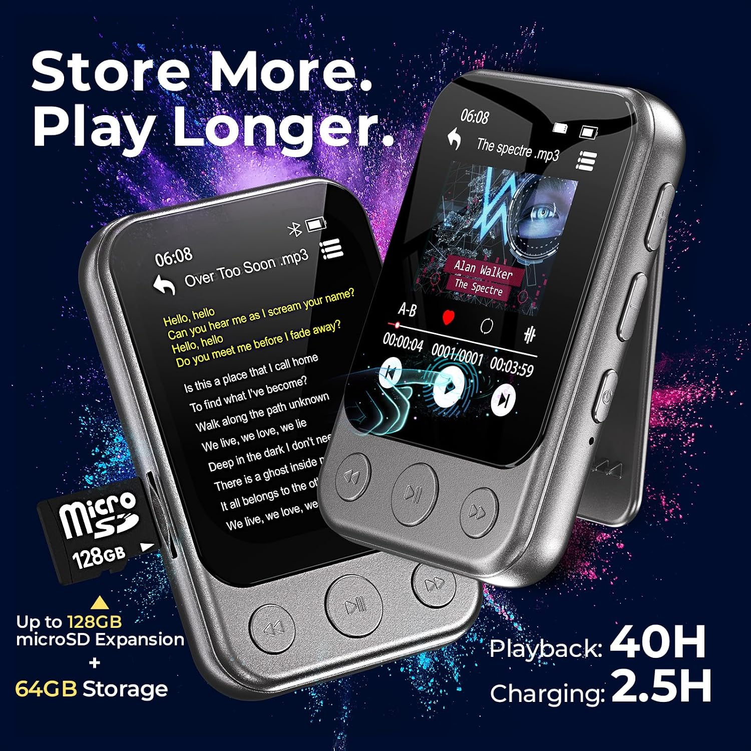 Zwei silberne MP3-Player vor violettem Hintergrund zeigen Liedtexte und Musikplayer-Oberfläche.
