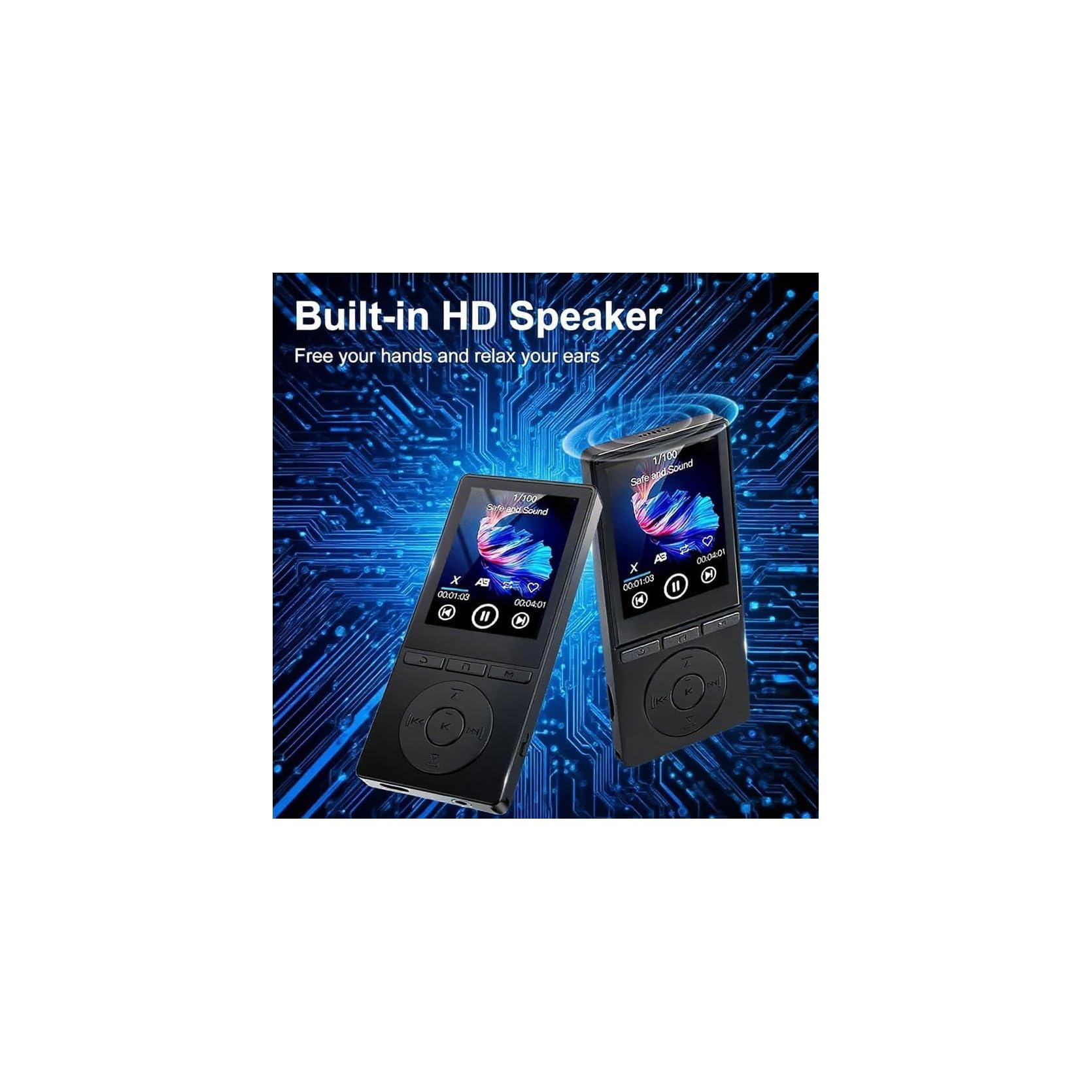 Zwei schwarze MP3-Player mit Farbdisplay vor blauem Hintergrund und der Aufschrift Built-in HD Speaker.