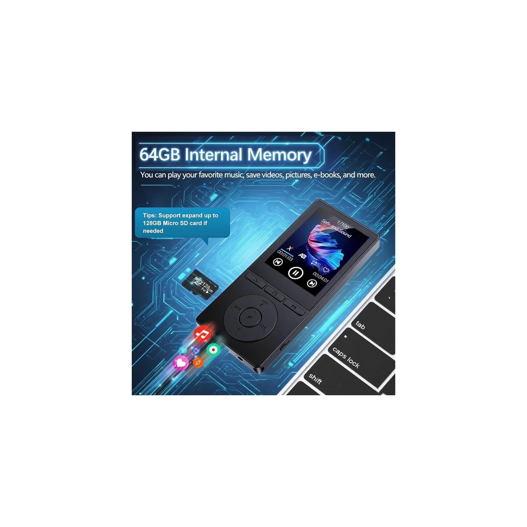 Schwarzer MP3-Player mit 64GB internem Speicher und Micro-SD-Kartensteckplatz.