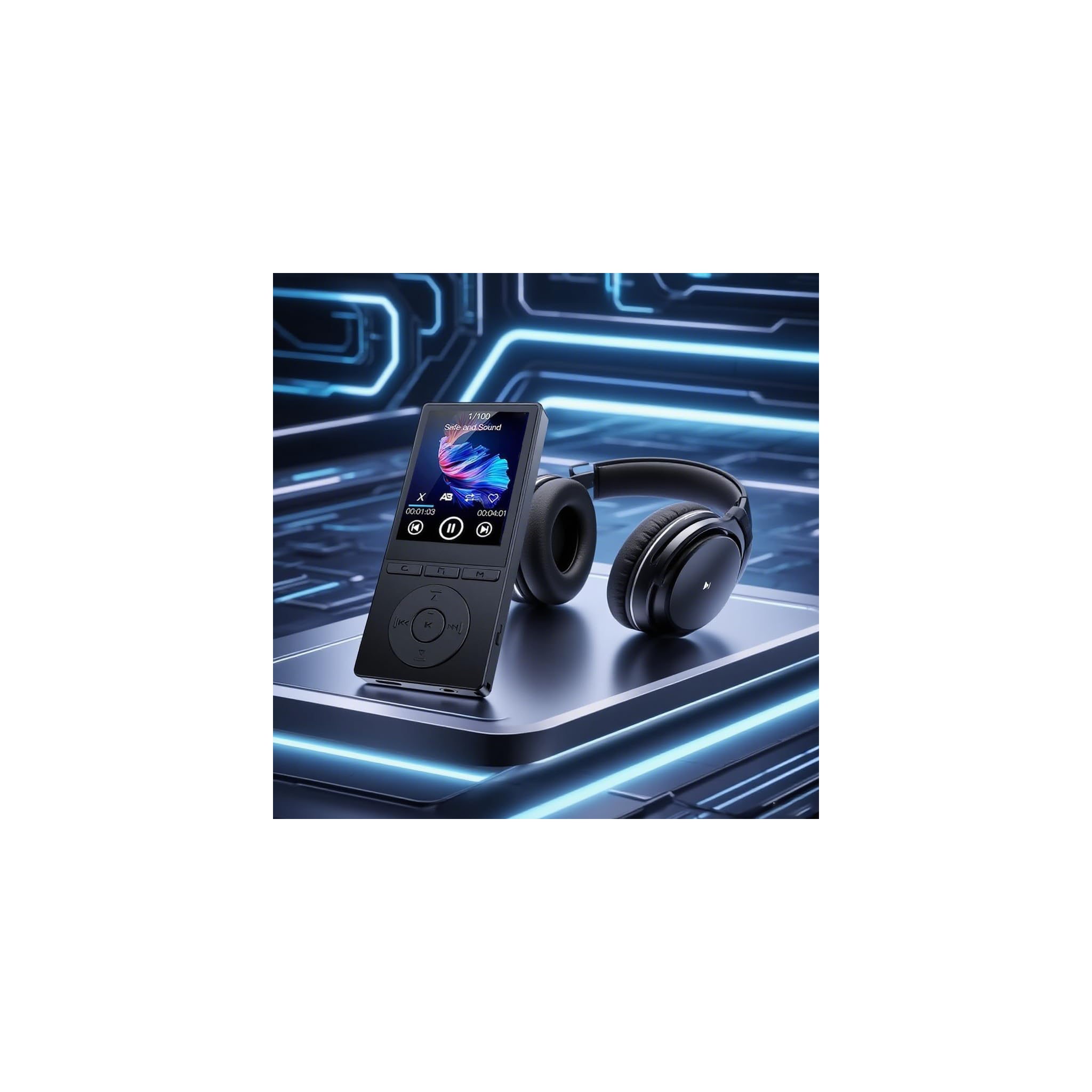 Ein schwarzer MP3-Player und Kopfhörer stehen auf einer beleuchteten, futuristischen Oberfläche.