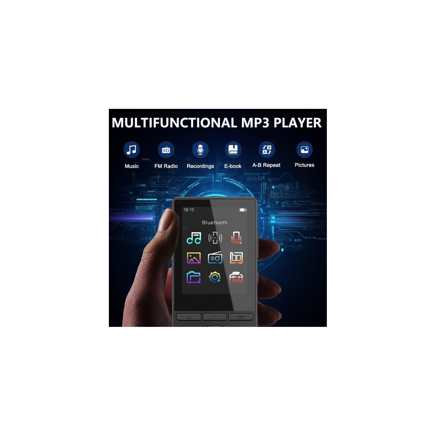 Hand hält einen multifunktionalen MP3-Player mit Farbdisplay und verschiedenen App-Symbolen vor blauem Hintergrund.