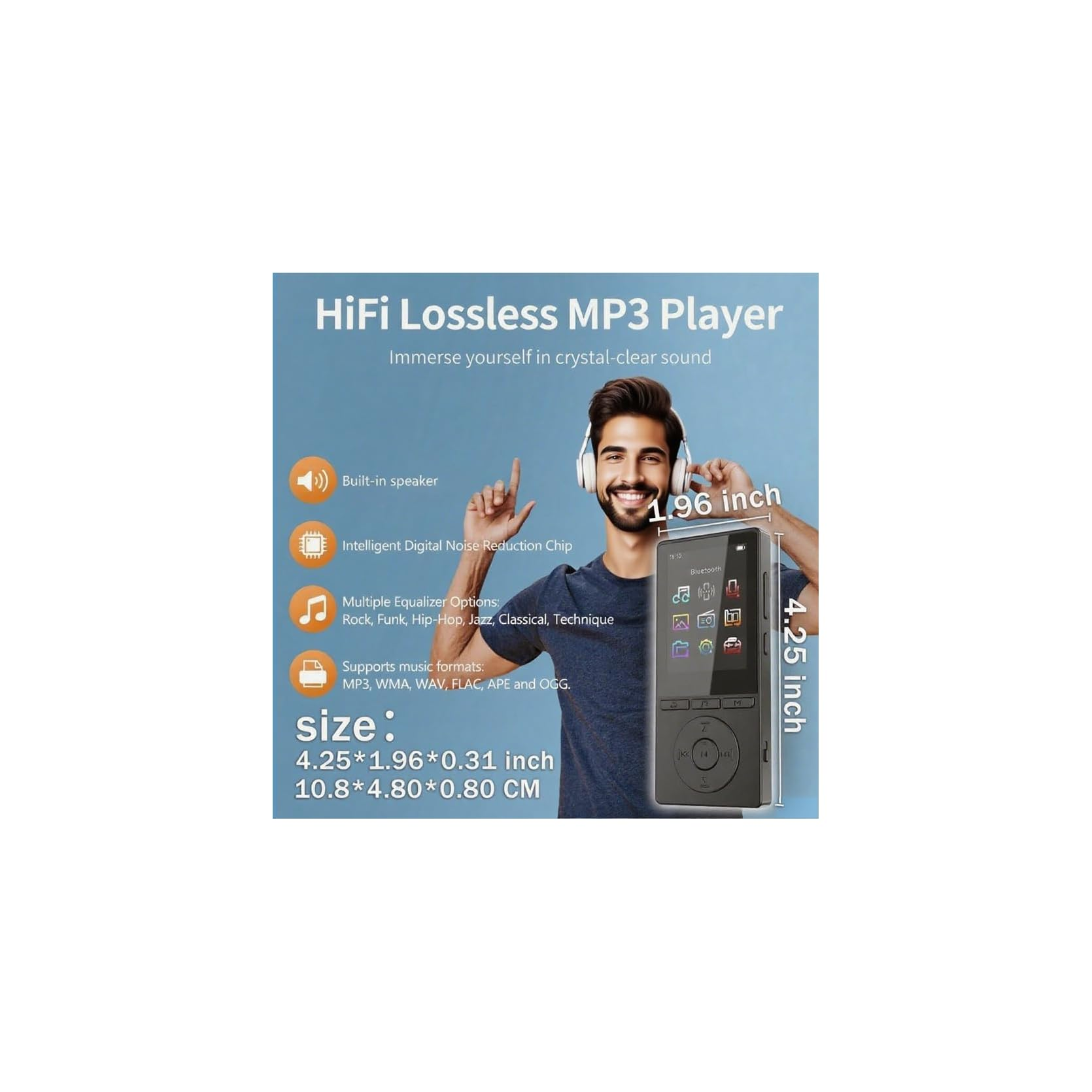 Mann mit Kopfhörern lächelt neben einem MP3-Player und Produktspezifikationen.