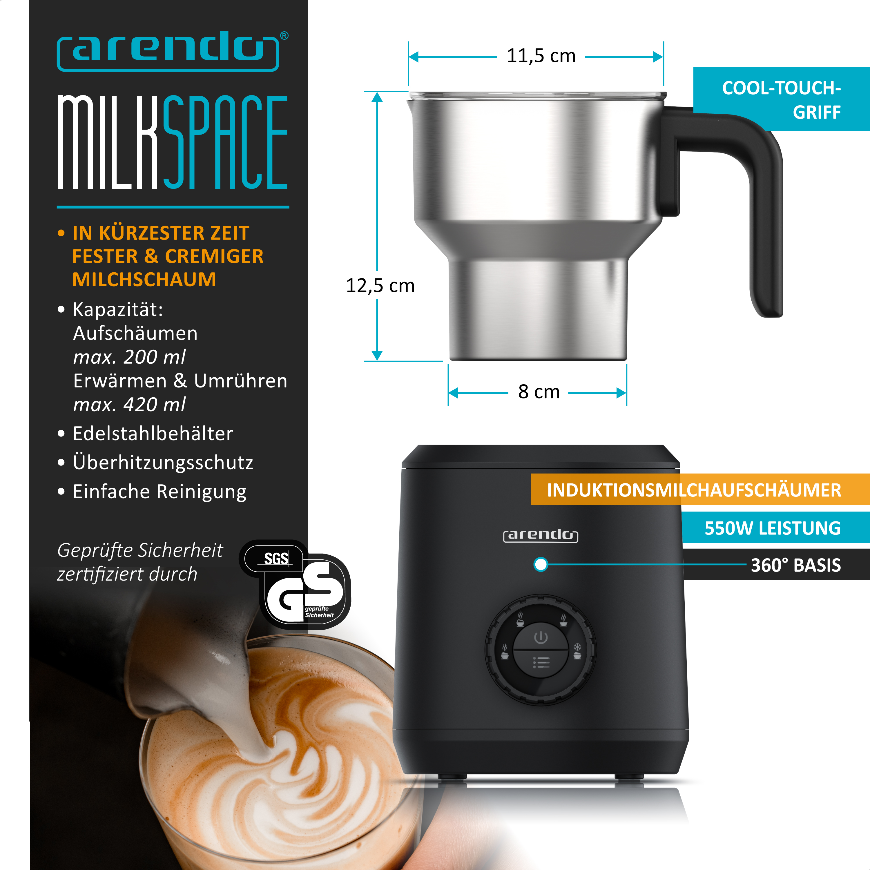Arendo Milchaufschäuer mit Edelstahlbehälter, Induktion, 550W Leistung und Maßen.