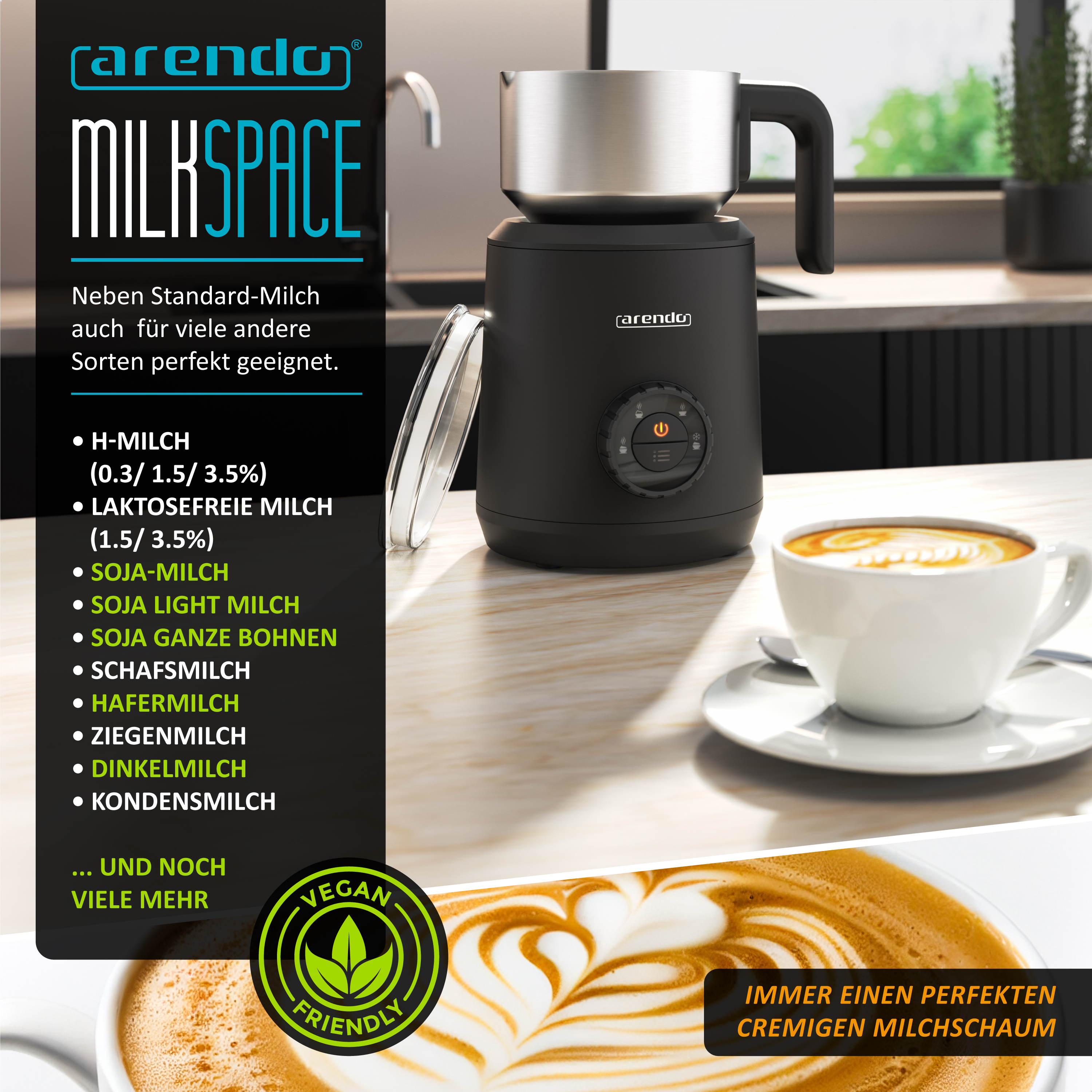 Arendo Milchaufschäumer in Schwarz auf Holztisch mit Kaffeetasse und Texttafel.