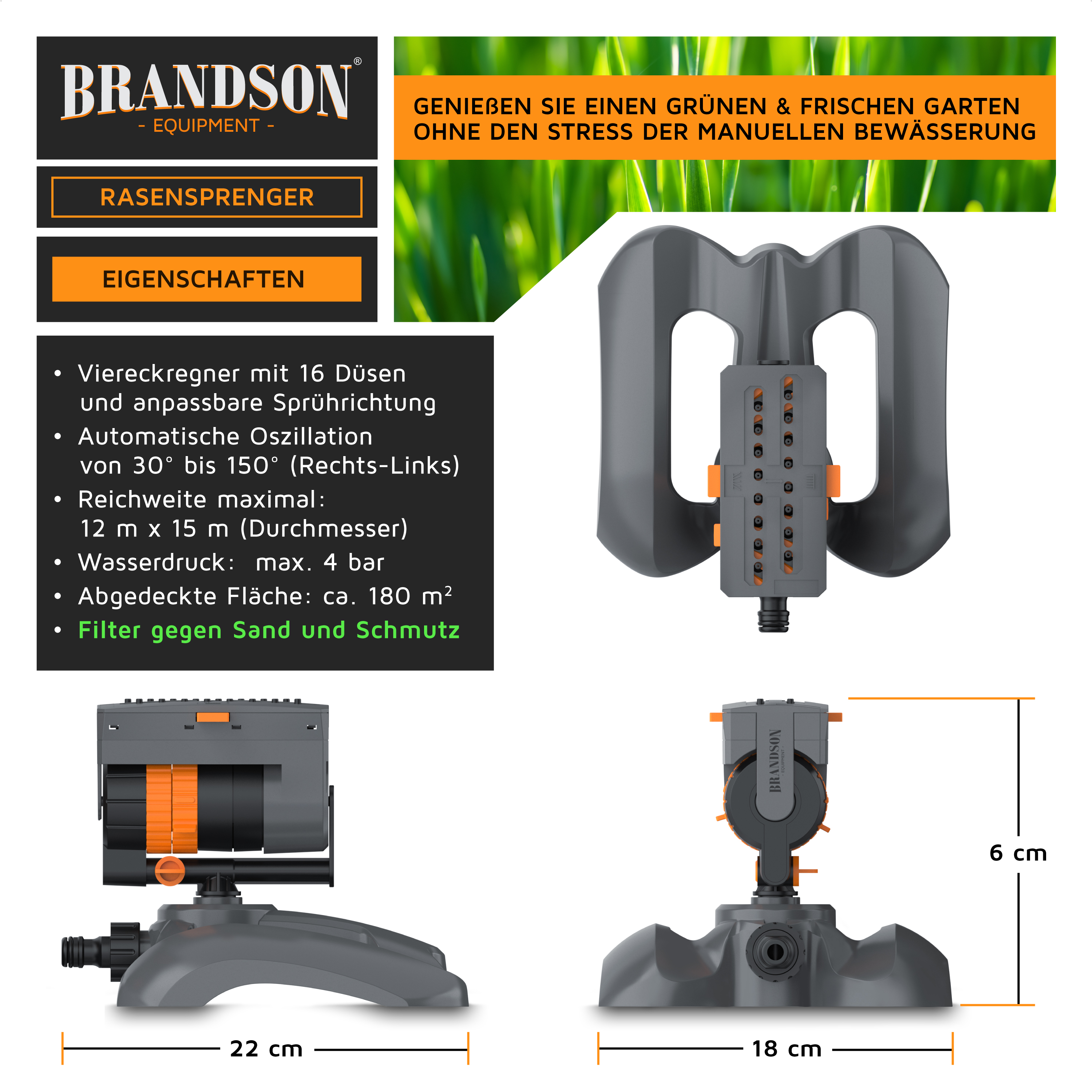 Brandson Rasensprenger mit 16 Düsen, Oszillation und Maßangaben in cm.