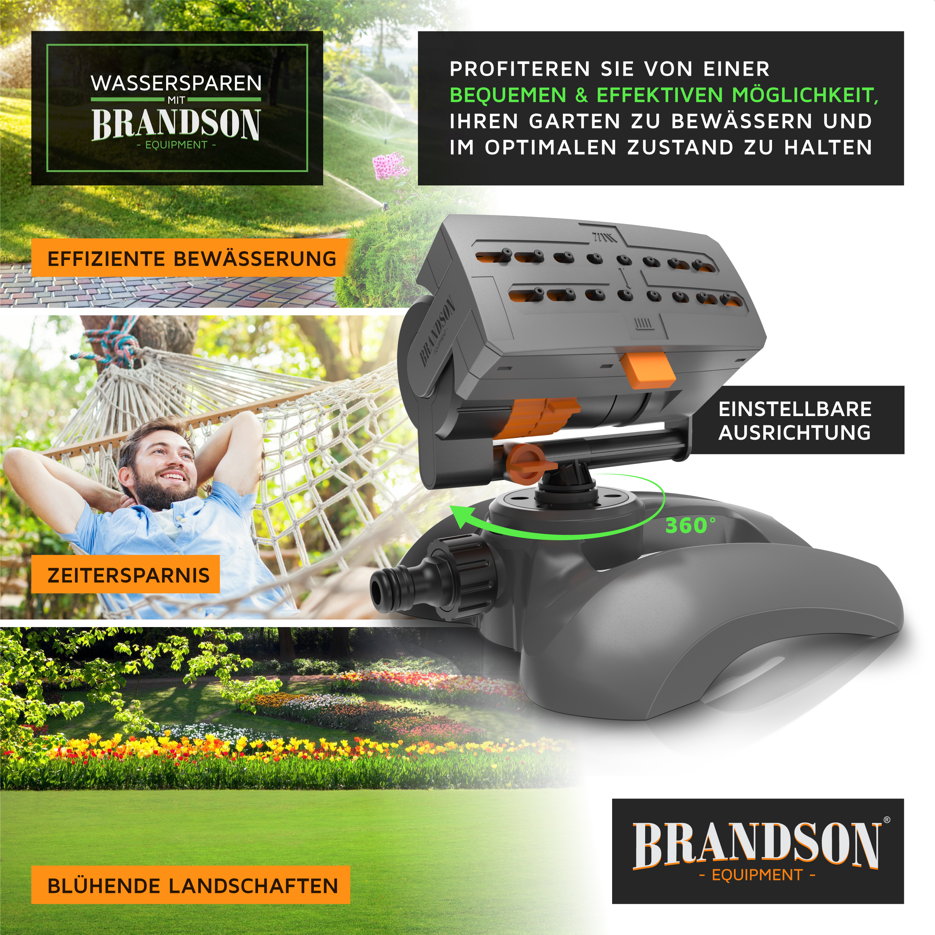 Grauer Brandson Rasensprenger mit 360-Grad-Drehung und einstellbarer Ausrichtung vor Gartenhintergründen.