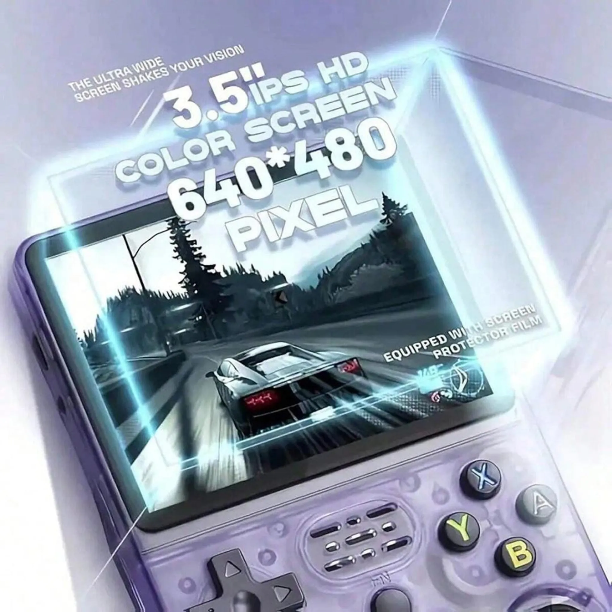 Eine lila Handheld-Spielekonsole zeigt ein Rennspiel auf ihrem 3,5-Zoll-IPS-Bildschirm mit Overlay-Text.