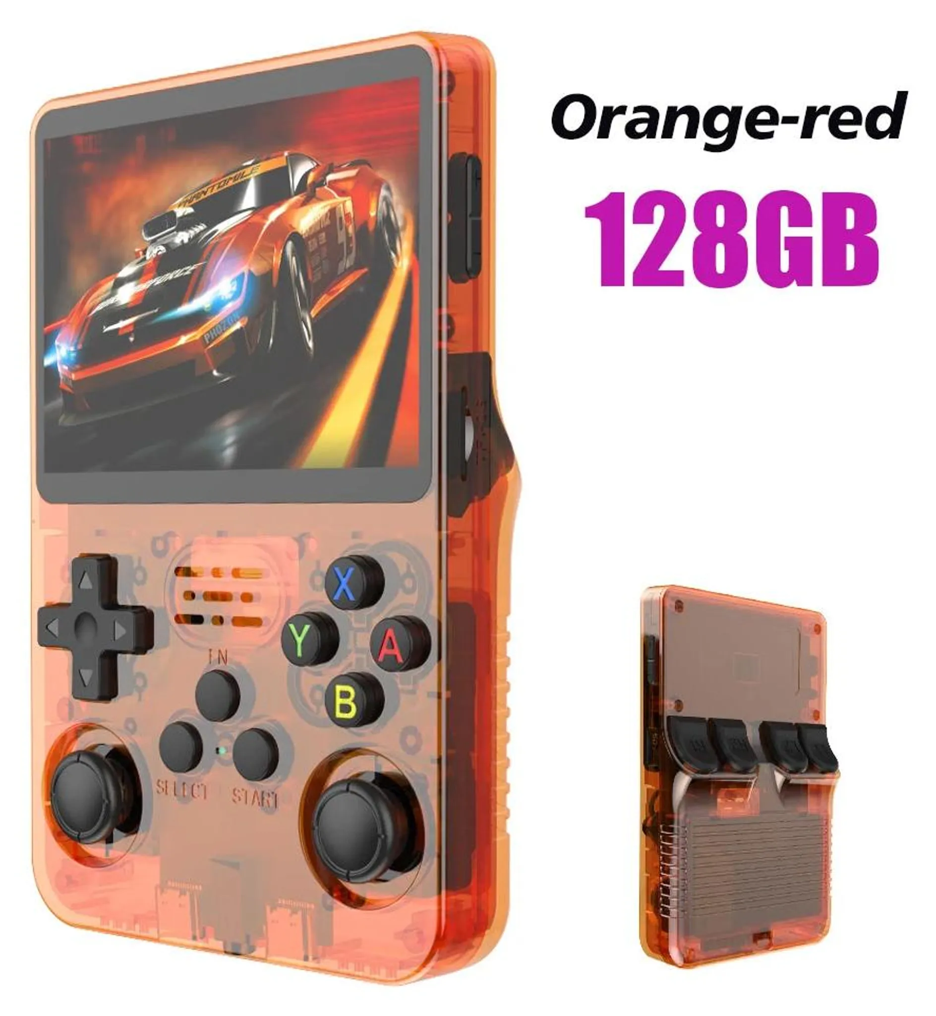 Transparente orange-rote Handheld-Spielekonsole mit 128GB Speicher und Autospiel auf dem Bildschirm.