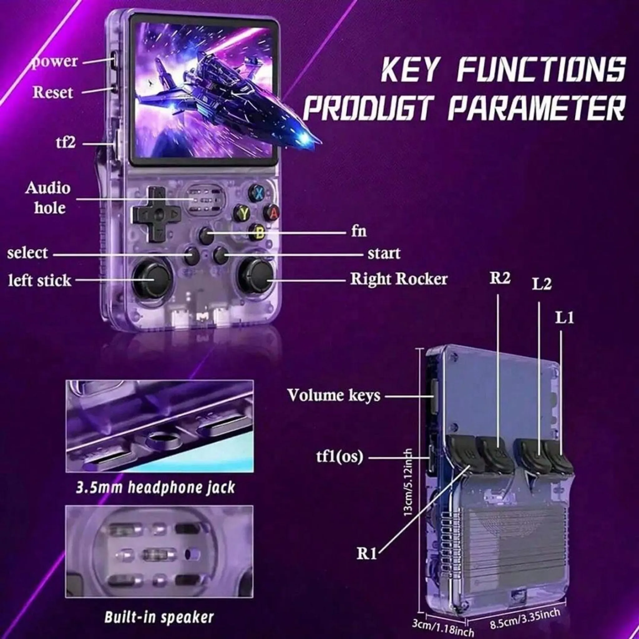 Lila transparente Handheld-Spielekonsole mit Bildschirm, Tasten und Knöpfen auf einem violetten Hintergrund.