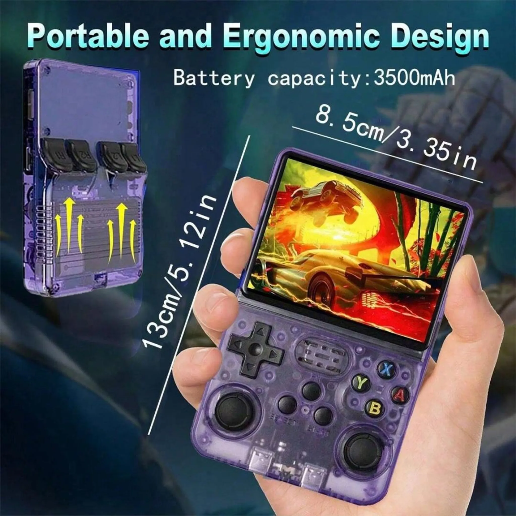 Lila transparente Handheld-Spielekonsole mit Bildschirm und Tasten in den Händen.
