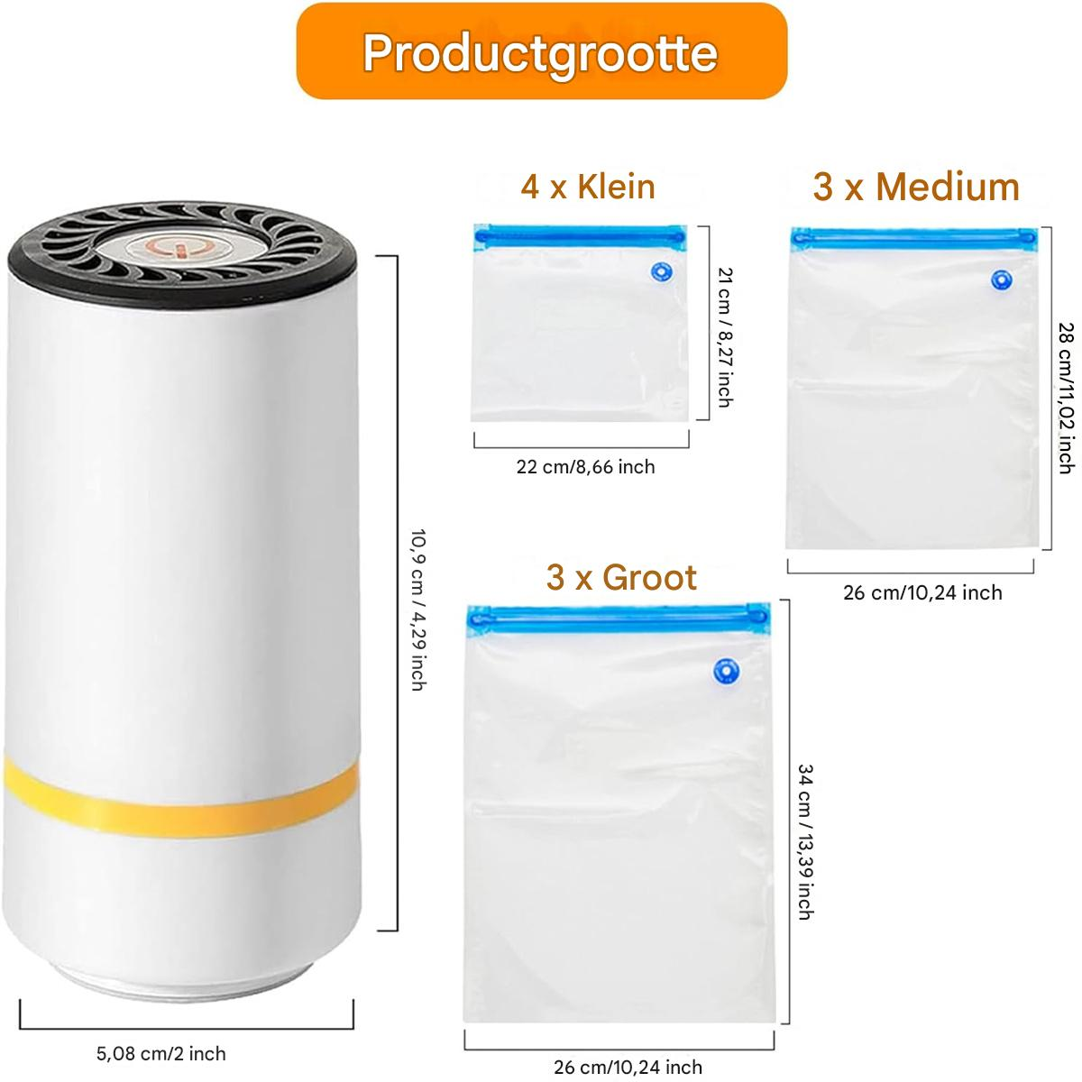 Produktgrößentabelle mit einem Vakuumgerät und drei Größen von Aufbewahrungsbeuteln mit Maßen.