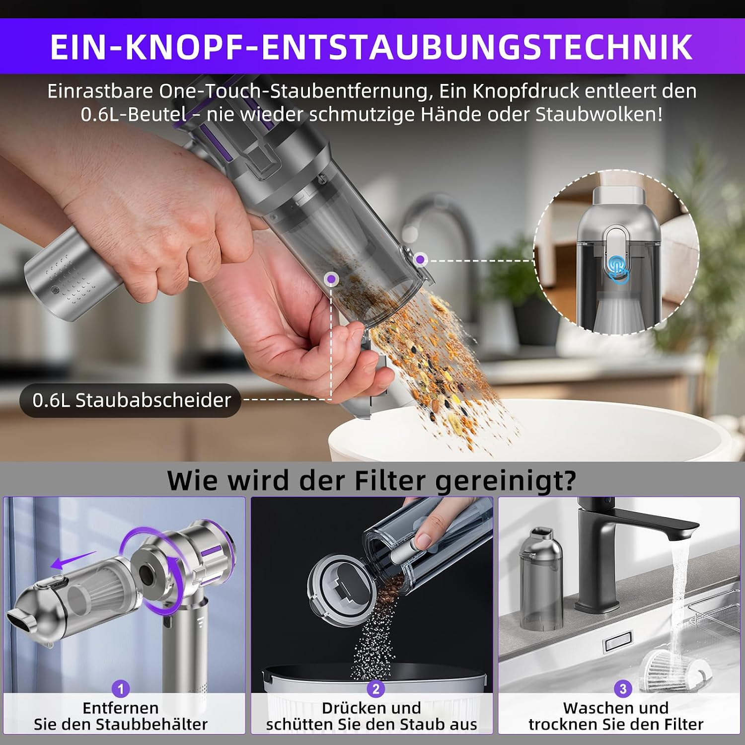 Ein Vakuumbehälter leert Schmutz per Knopfdruck; Anleitungen für Entleeren, Reinigen und Waschen.