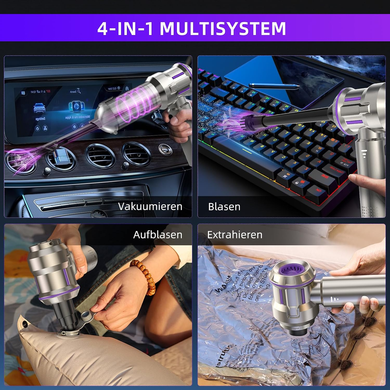 Ein tragbares 4-in-1-Multisystemgerät mit Vakuum-, Blas-, Aufblas- und Extraktionsfunktionen.