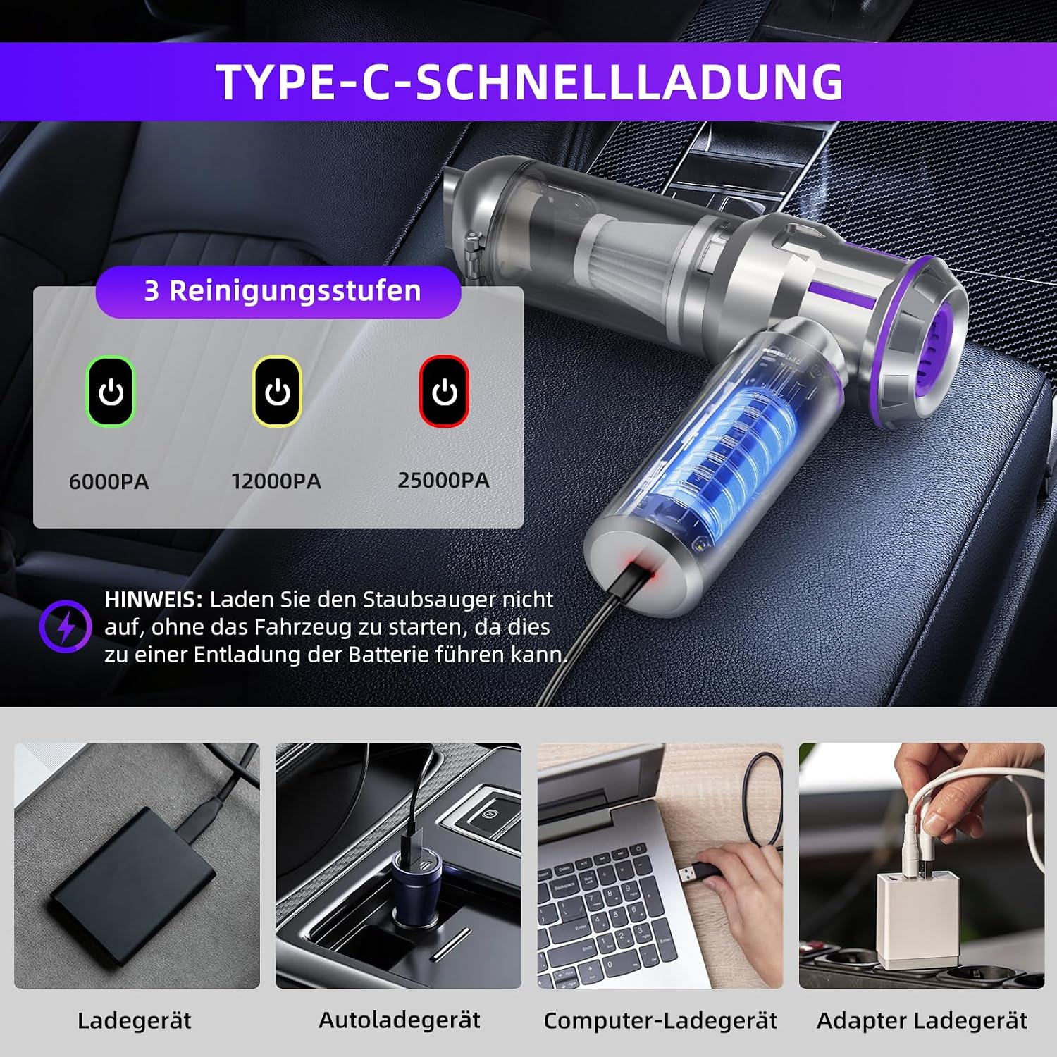 Ein silberner Handstaubsauger fürs Auto mit Ladeoptionen und Leistungsstufen.