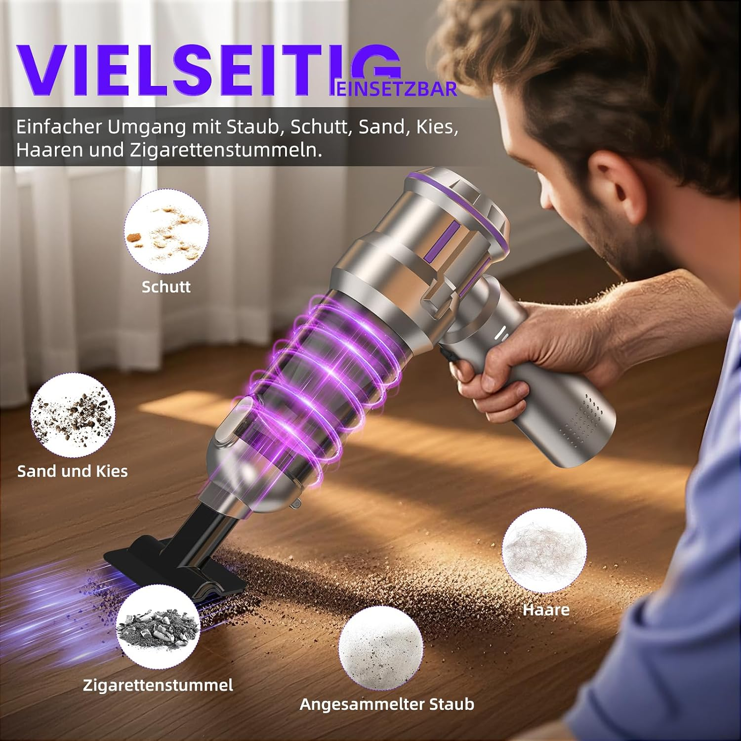 Ein Mann nutzt einen silbernen Handstaubsauger auf einem Holzboden, mit Text und Infografiken.