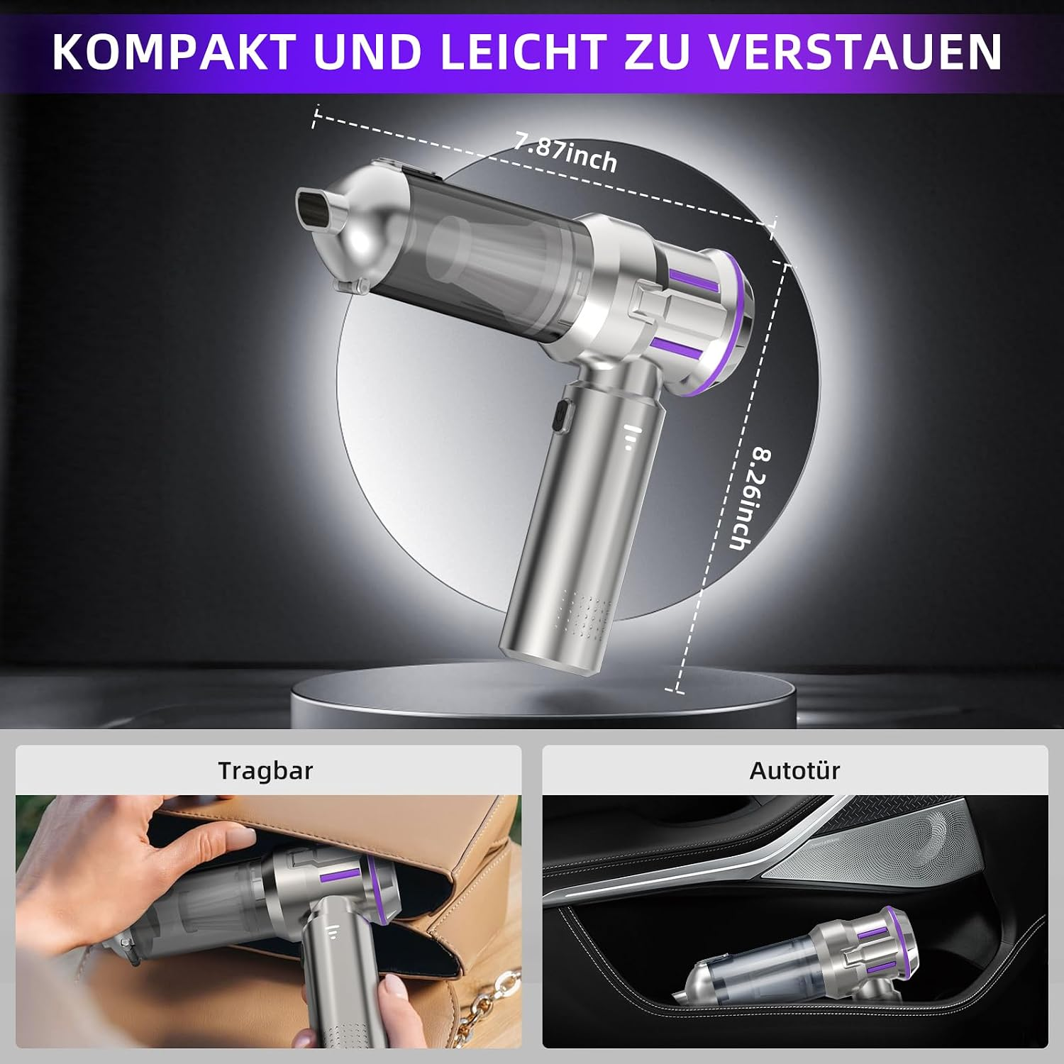 Kompakter silberner Handstaubsauger mit Abmessungen, in Tasche und Autotür gezeigt.