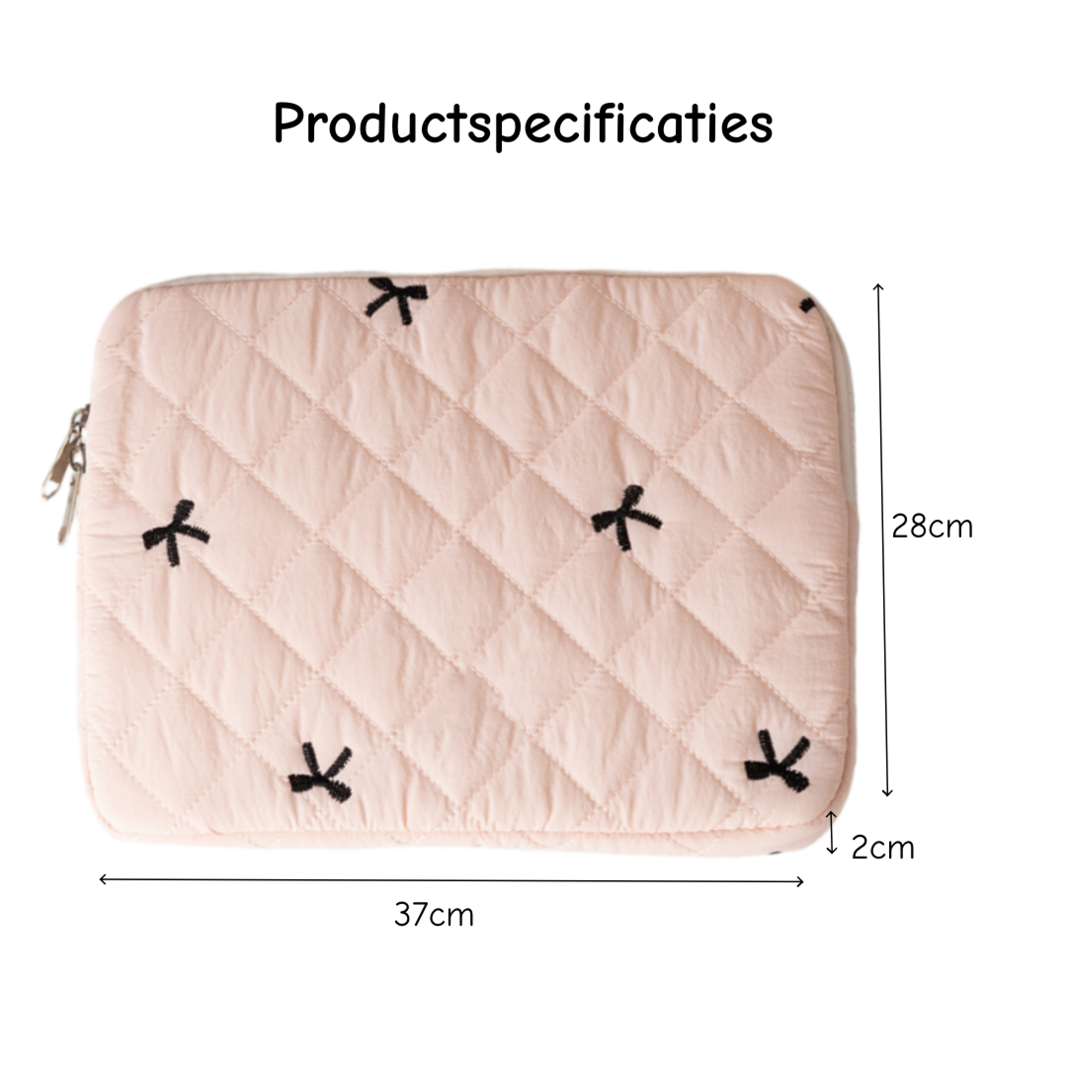 Rosa gesteppte Laptoptasche mit schwarzen Schleifen, 37x28x2 cm groß.