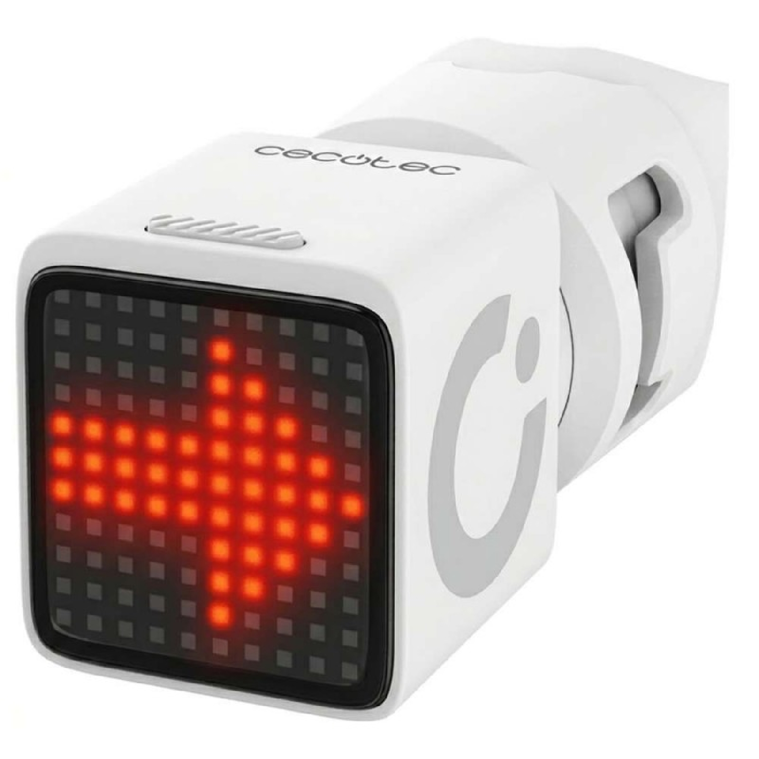 Intermitente de bicicleta Cecotec blanco con una flecha roja brillante en la pantalla.