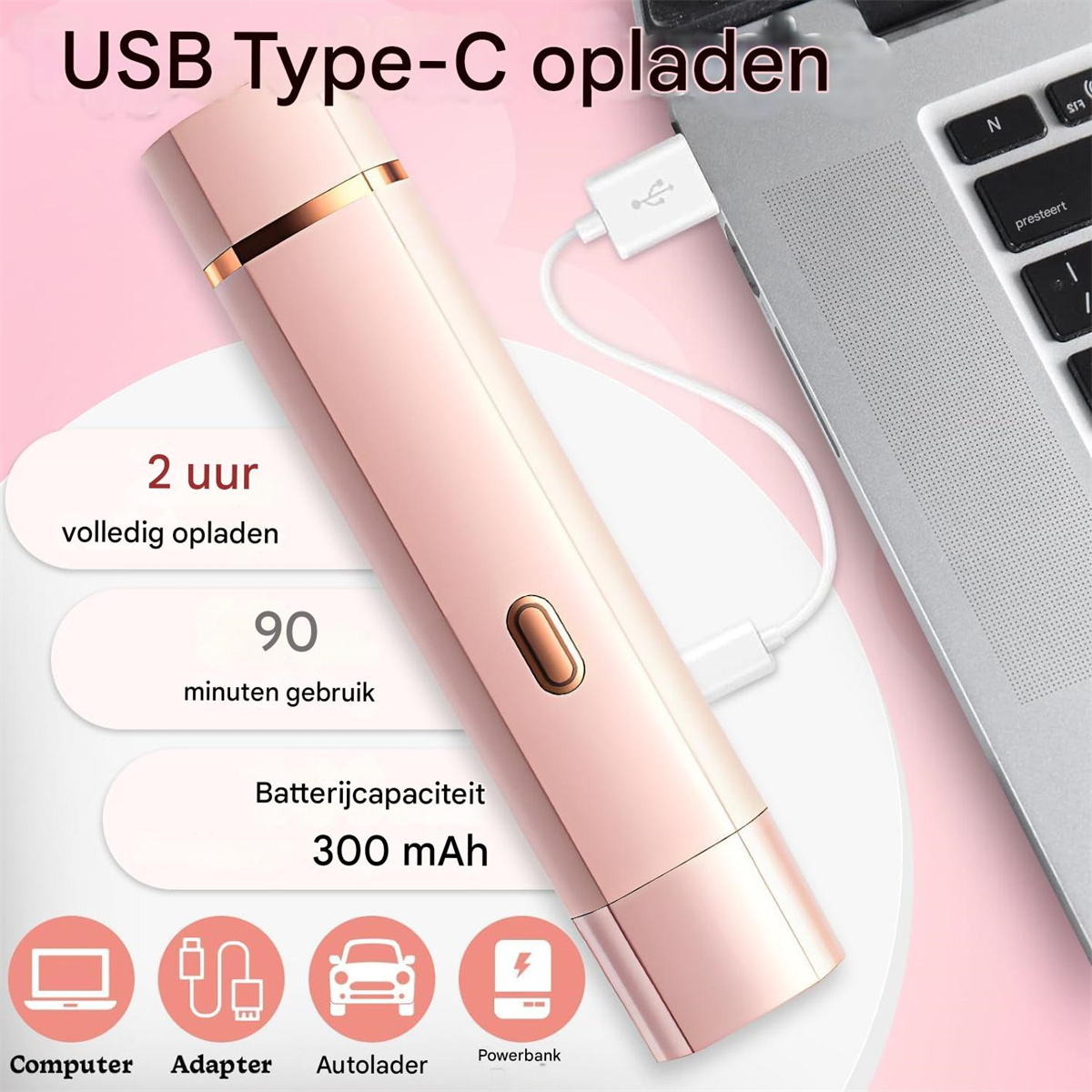 Ein rosafarbener USB-C-aufgeladener Haarentferner liegt neben einem Laptop mit Textgrafiken.