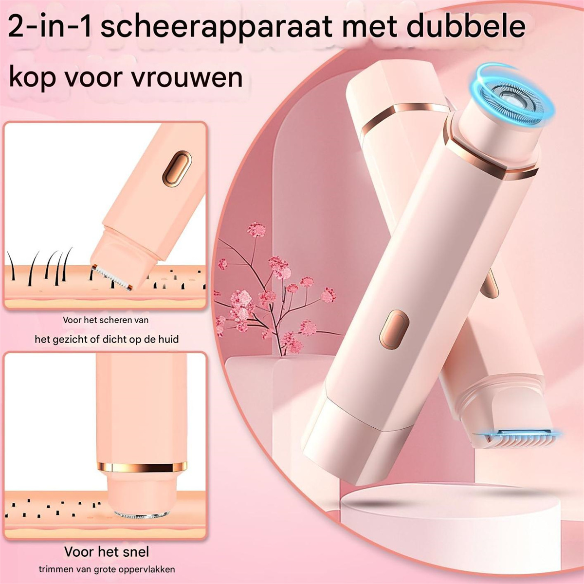 Rosa 2-in-1 Rasierer für Frauen mit zwei Aufsätzen, umgeben von floralem Hintergrund.