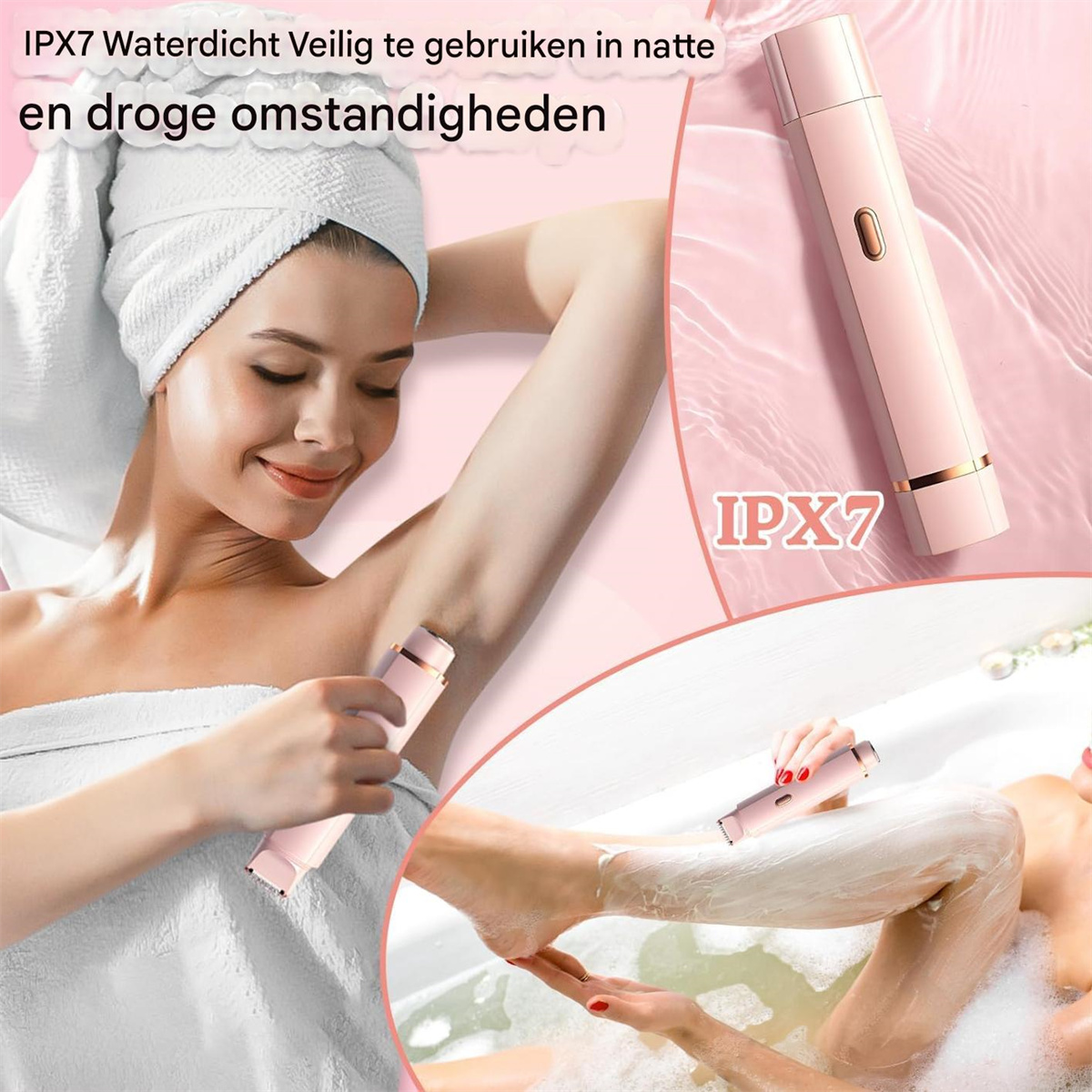 Eine Frau in einem Handtuch benutzt einen rosafarbenen IPX7-Rasierer unter der Dusche.