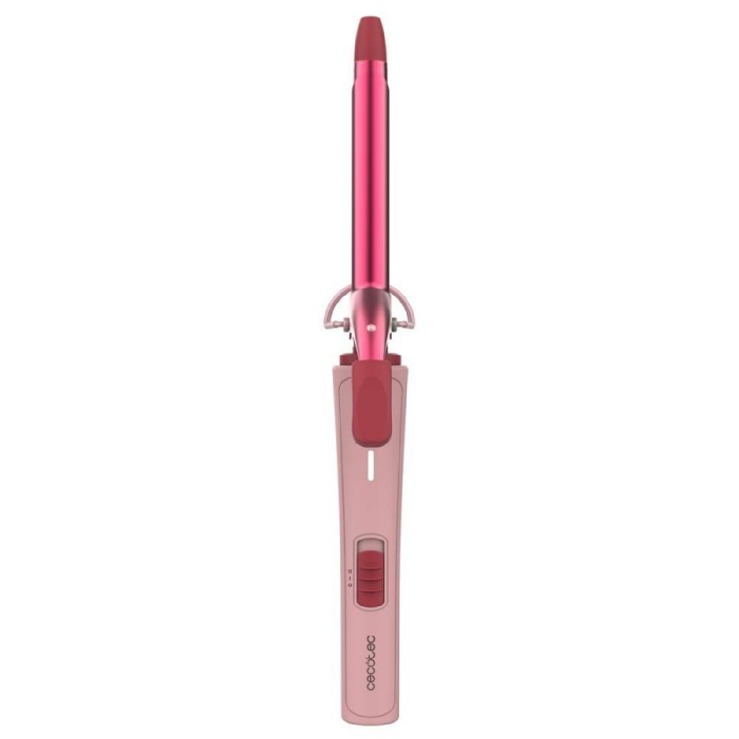 Un ferro arricciacapelli rosa su sfondo bianco, con un barilotto metallico sottile, una pinza e un manico con interruttore.