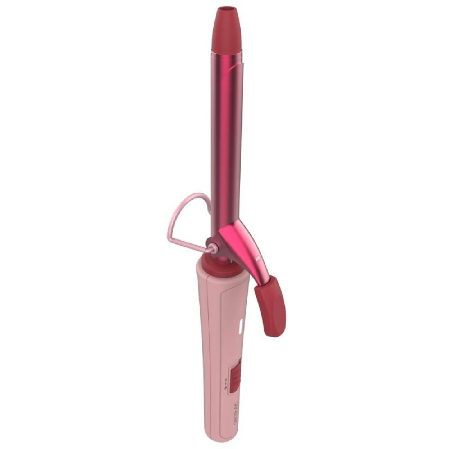 Un ferro arricciacapelli rosa e oro rosa con supporto su sfondo chiaro.