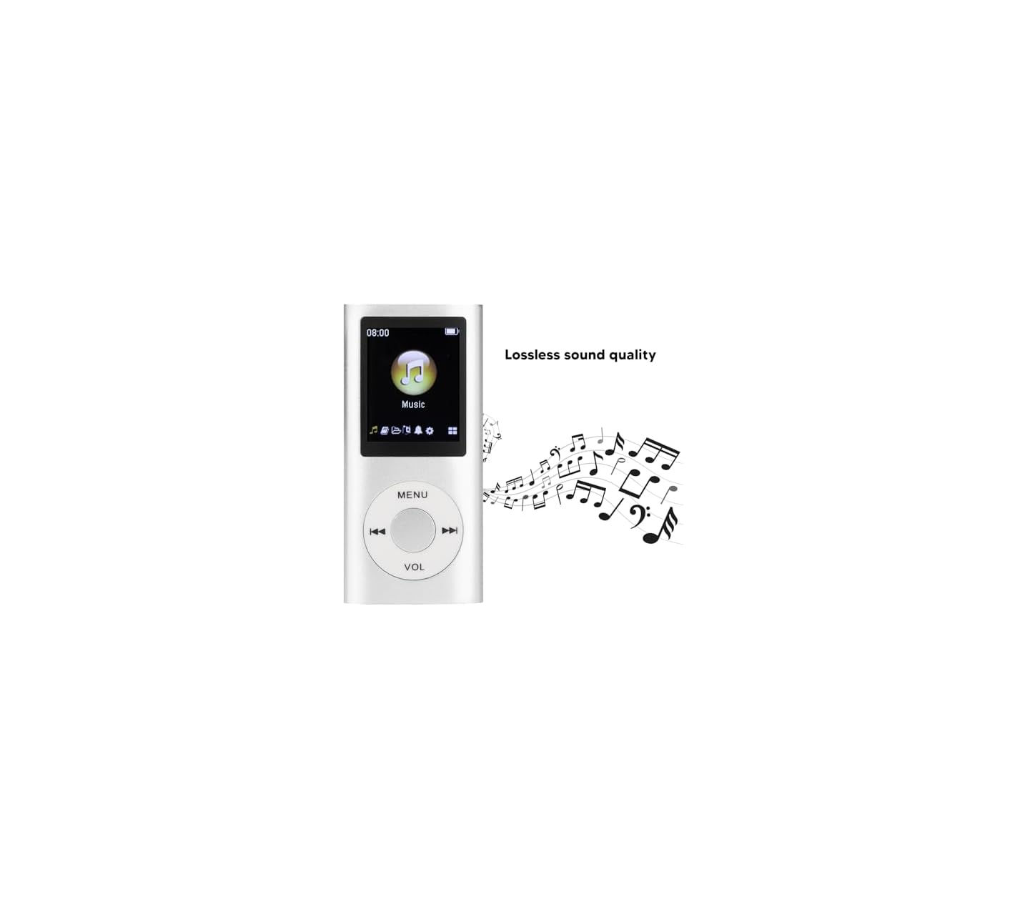 Ein weißer Musikplayer mit Bildschirm und Tasten, aus dem Musiknoten strömen.