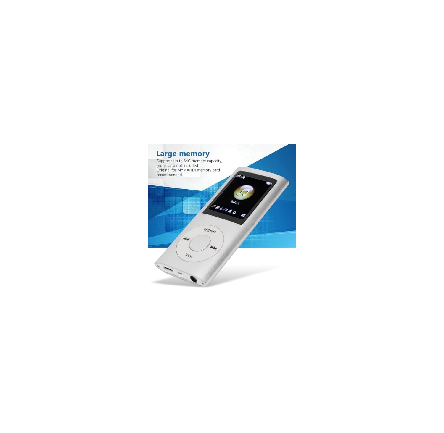 Silberner MP3-Player mit Farbdisplay und kreisrunden Navigationstasten auf blauem Hintergrund.
