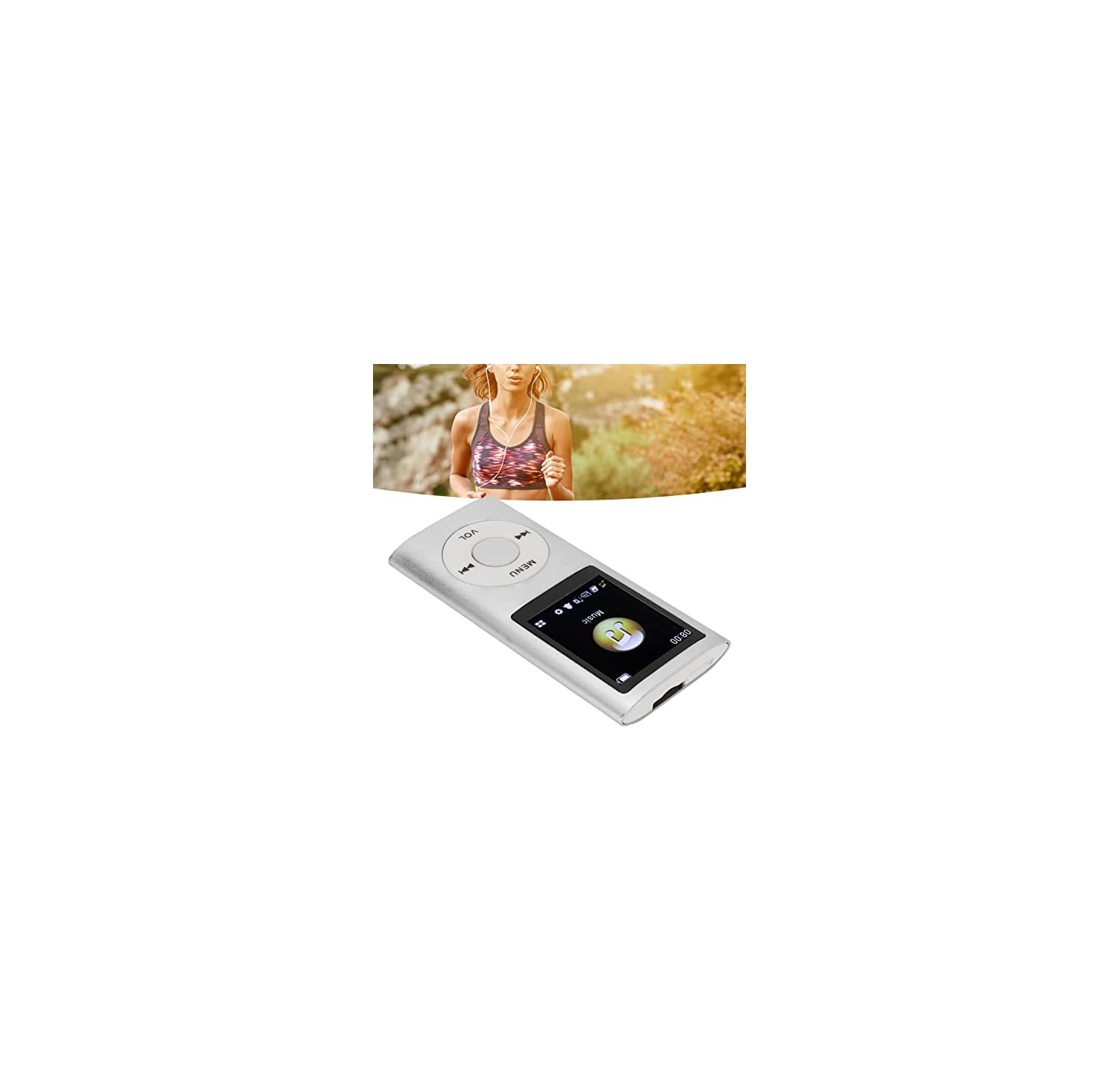 Silberner MP3-Player im Vordergrund vor einem Bild einer joggenden Frau in der Natur.