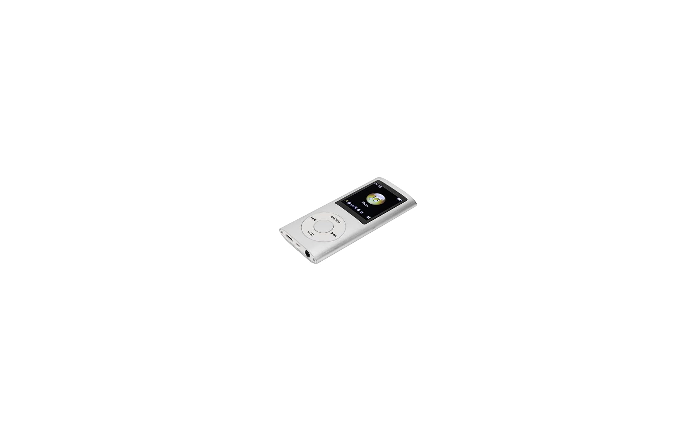 Ein silberner MP3-Player mit einem runden Steuerkreuz und einem kleinen Bildschirm auf einem weißen Hintergrund.