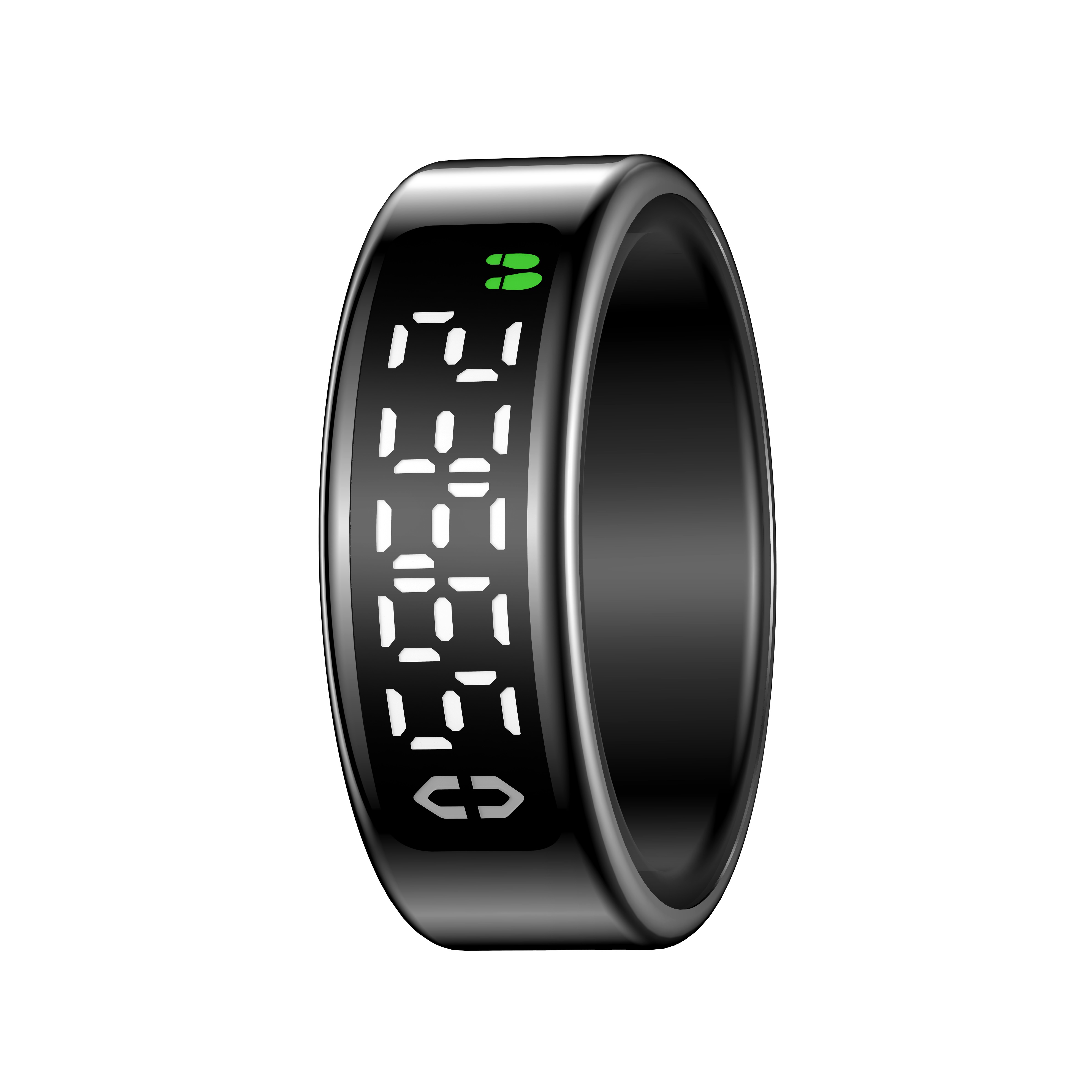 Ein schwarzer Smart-Ring mit einem digitalen LED-Display, das weiße Zahlen und grüne Fußabdrücke zeigt, auf weißem Hintergrund.