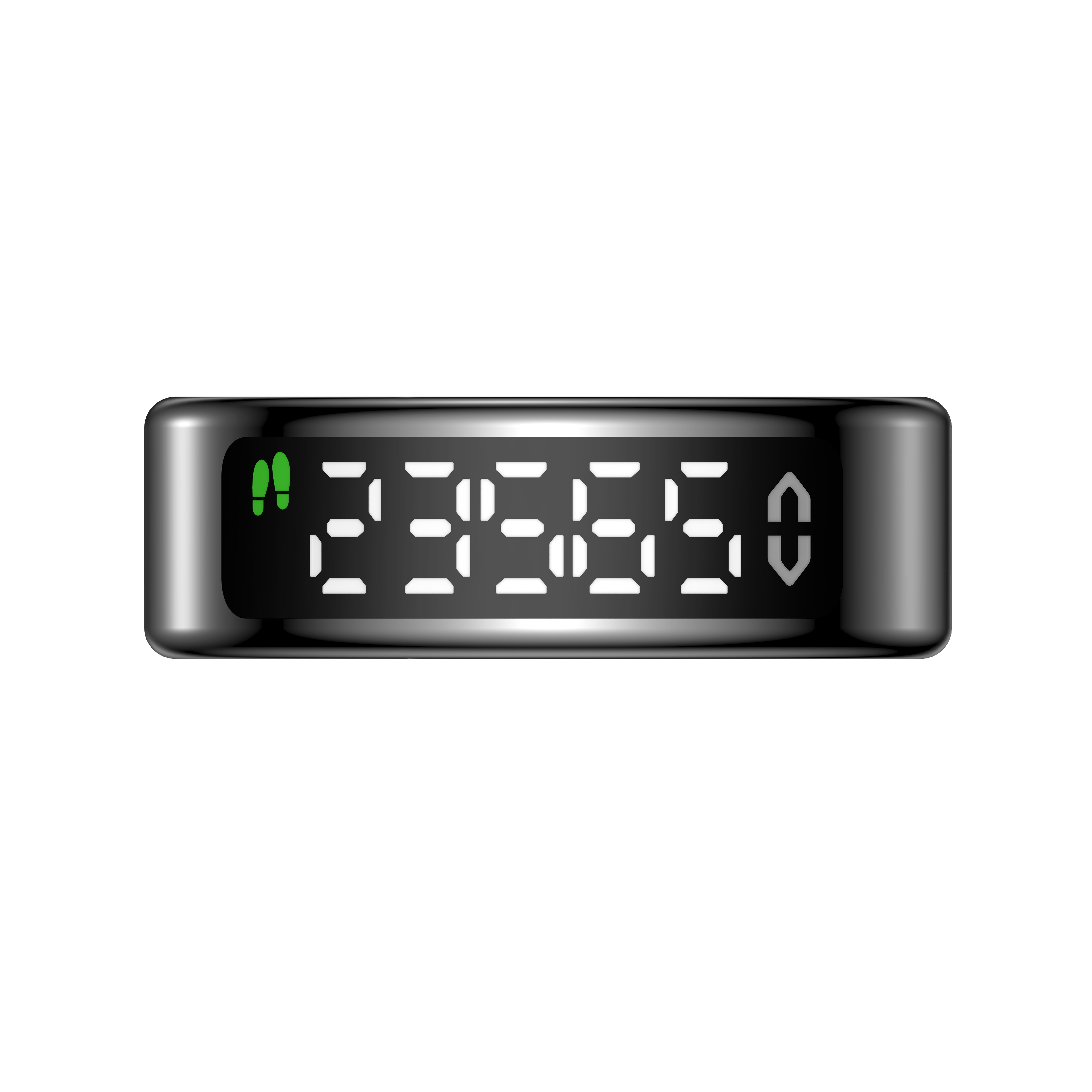 Ein digitaler Schrittzähler mit schwarzem Gehäuse und weißer LED-Anzeige zeigt die Zahl 235650 und grüne Fußabdrücke.