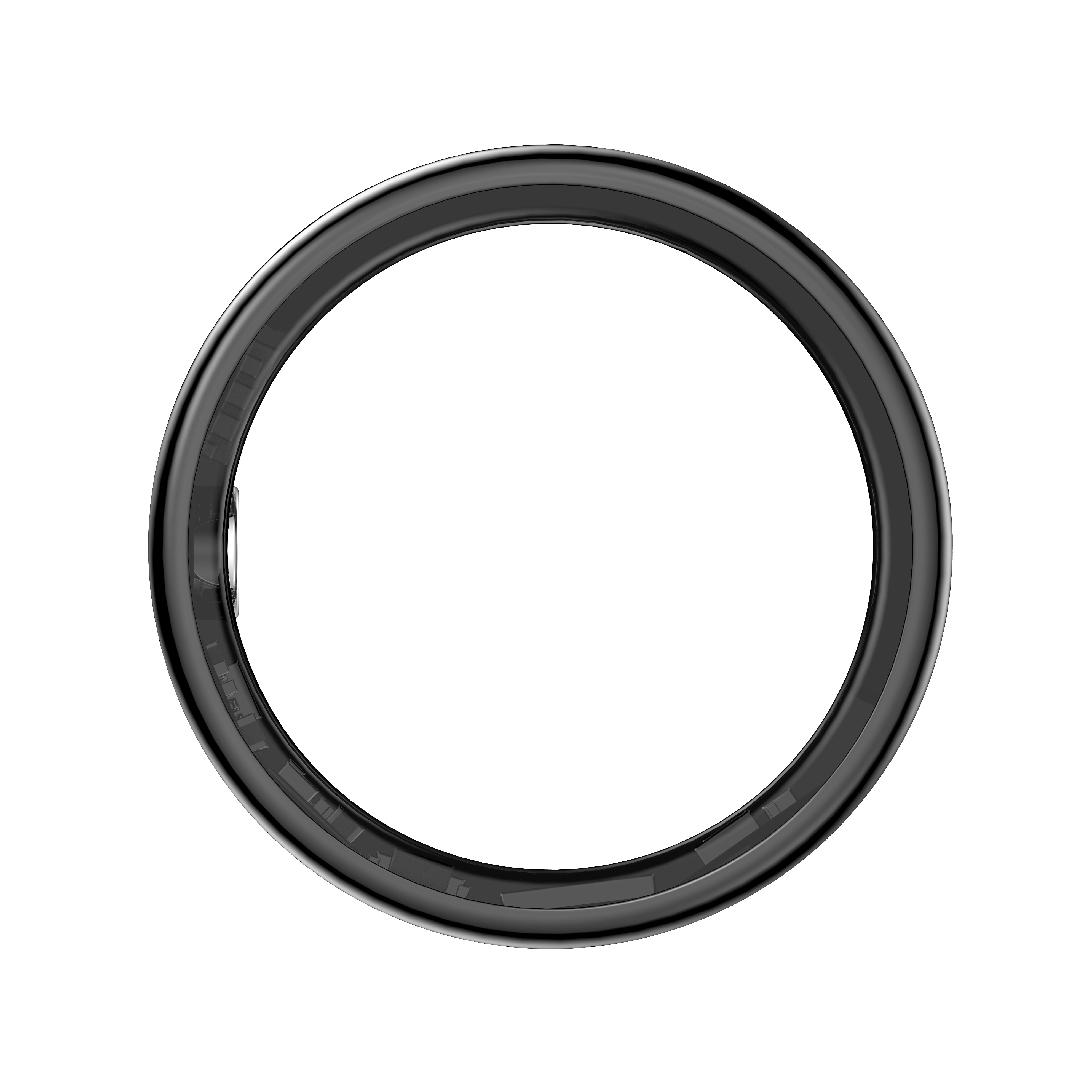 Ein glänzender schwarzer Ring mit einer kleinen Öffnung auf der linken Seite vor weißem Hintergrund.