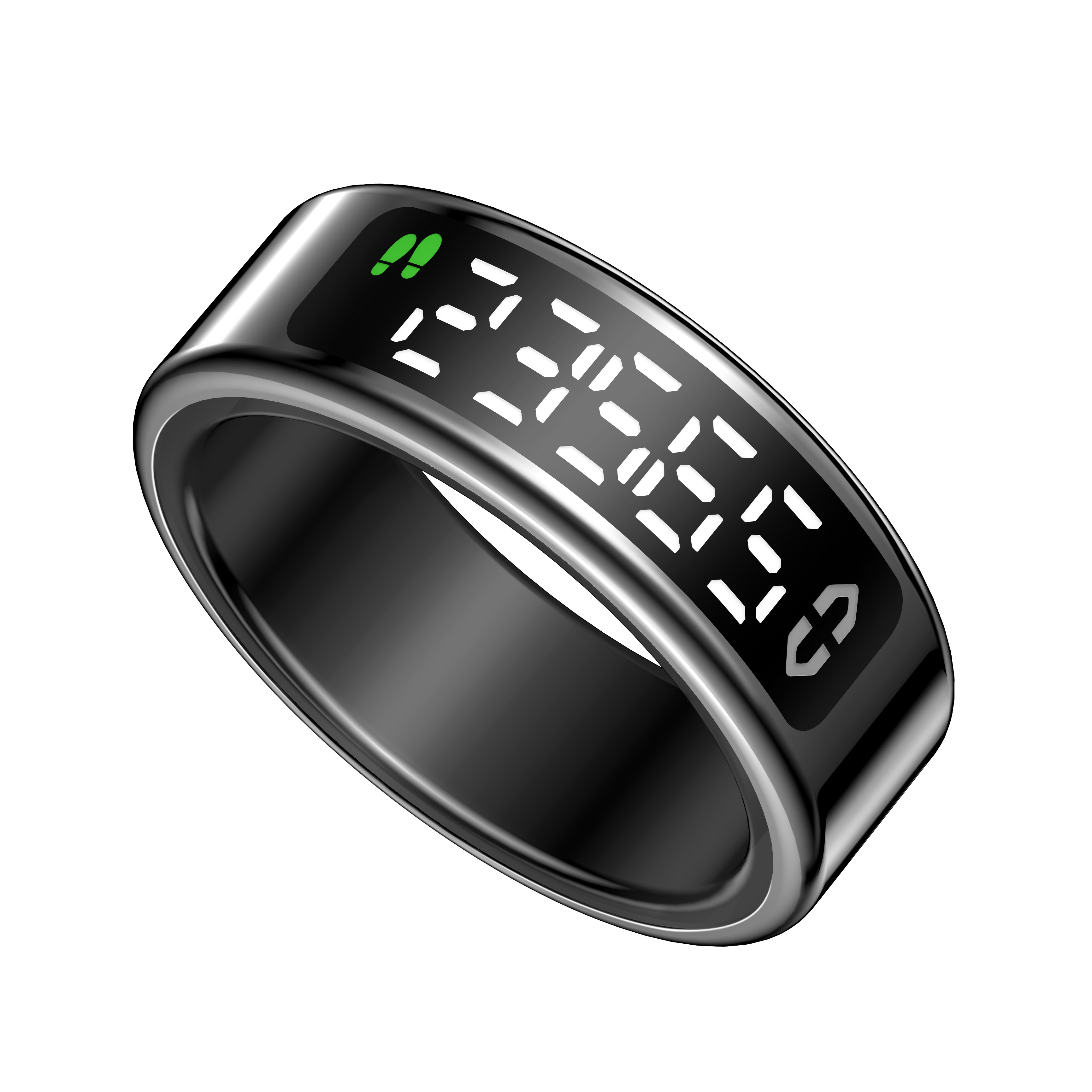 Ein glänzender schwarzer intelligenter Ring mit einem digitalen LED-Bildschirm, der Ziffern und Symbole anzeigt.