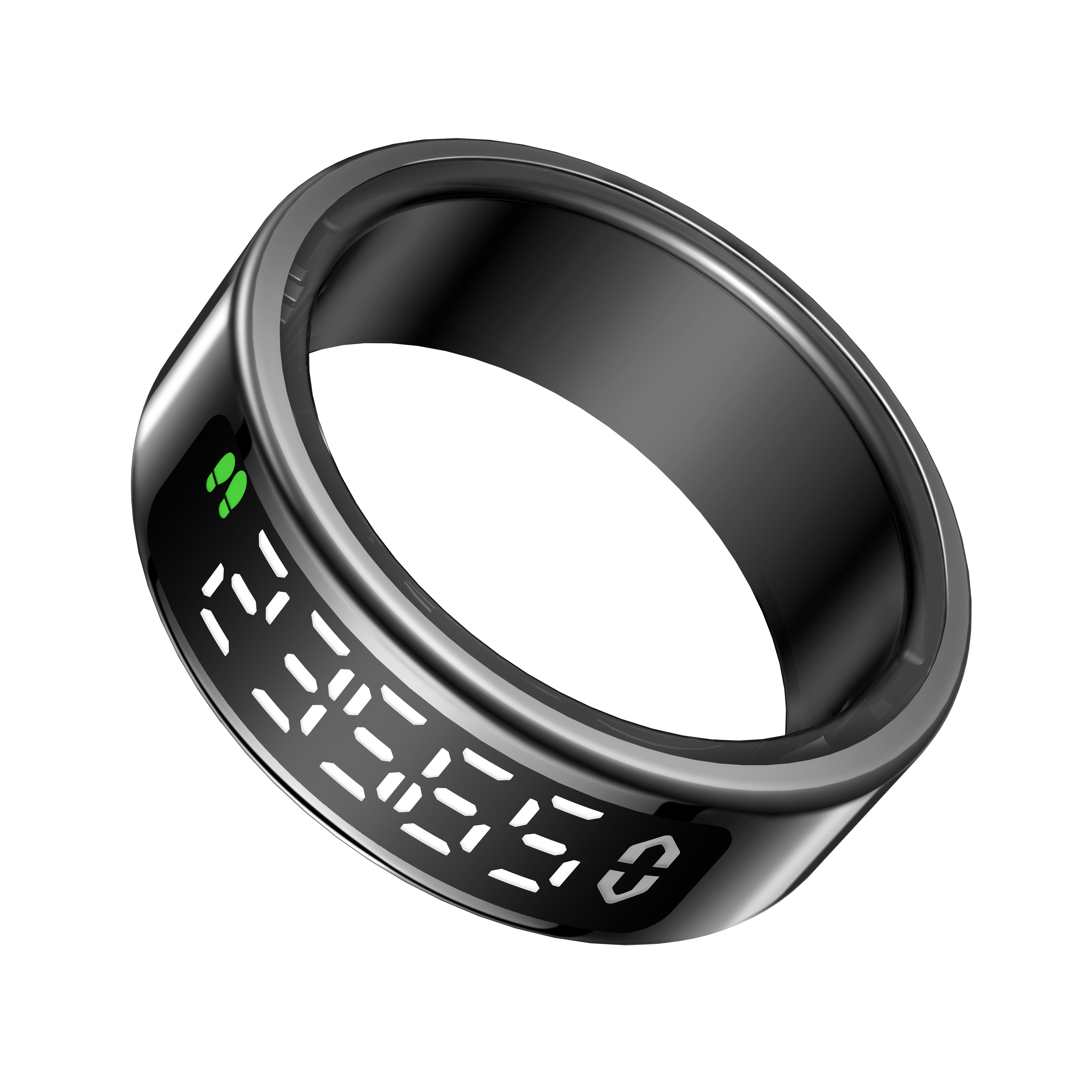 Ein glänzender, schwarzer Smart-Ring mit einem digitalen Display, das Zahlen und ein grünes Symbol auf weißem Grund zeigt.