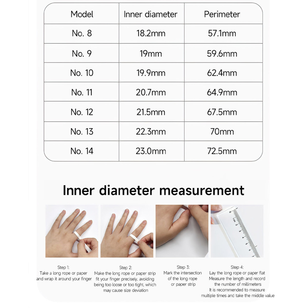 Eine Tabelle mit Ringmodellen, Innendurchmessern und Umfängen, gefolgt von 4 Schritten zur Fingermessung.