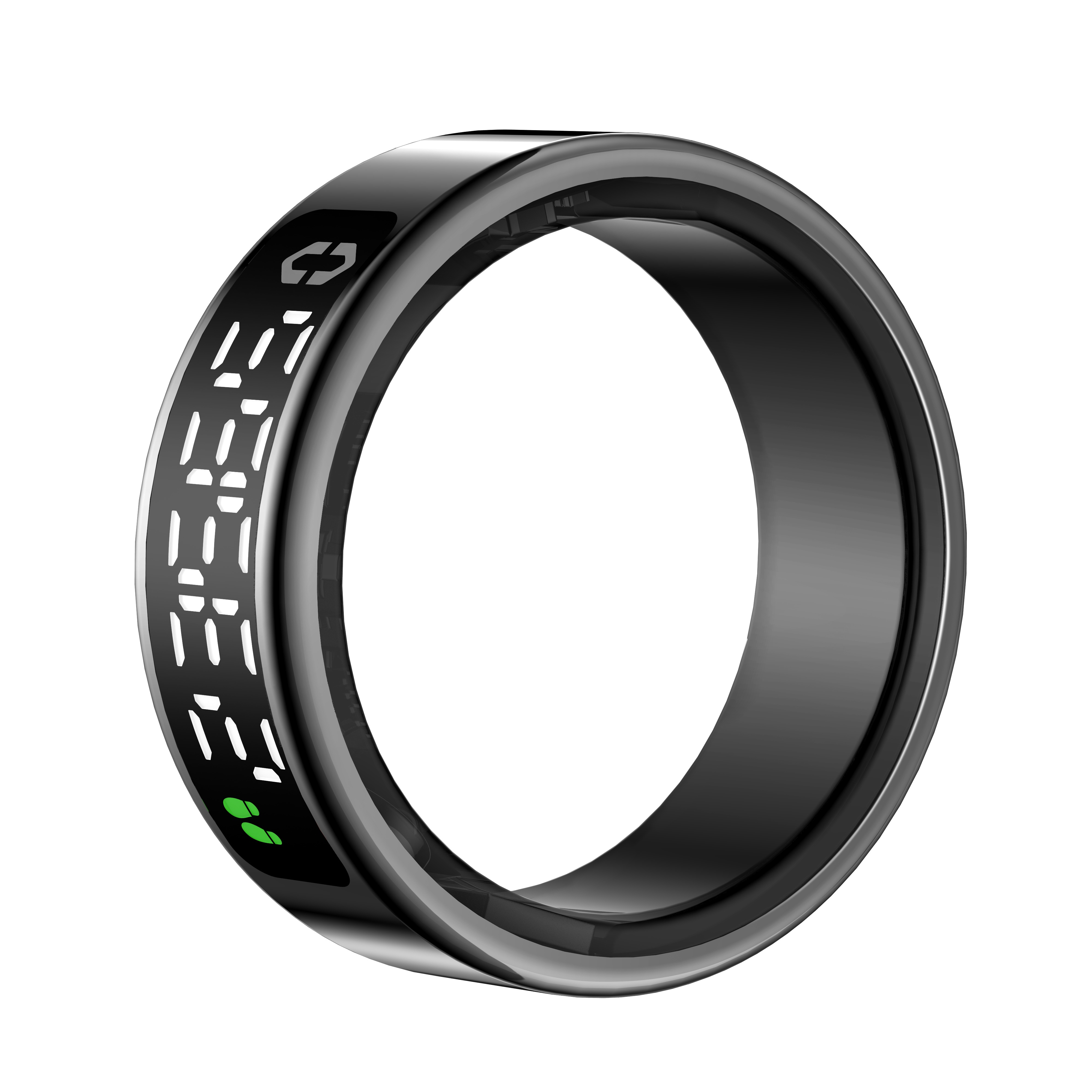 Ein glänzender, schwarzer Smart-Ring mit einem digitalen Display, das weiße und grüne Symbole auf weißem Hintergrund anzeigt.