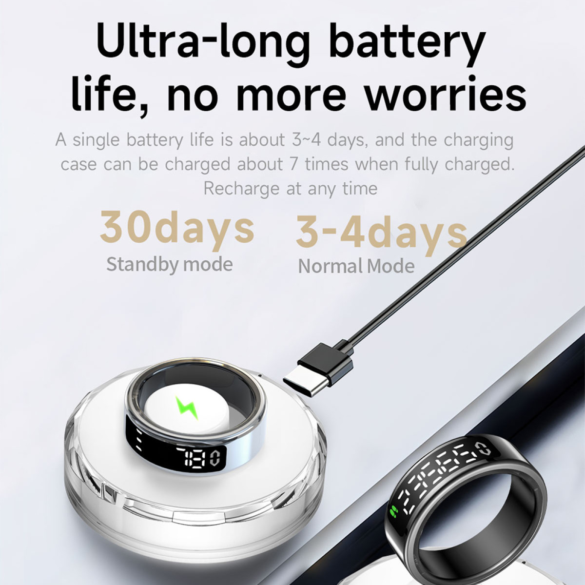 Werbung für ein Gadget mit langer Batterielaufzeit und kabellosem Ladegerät.