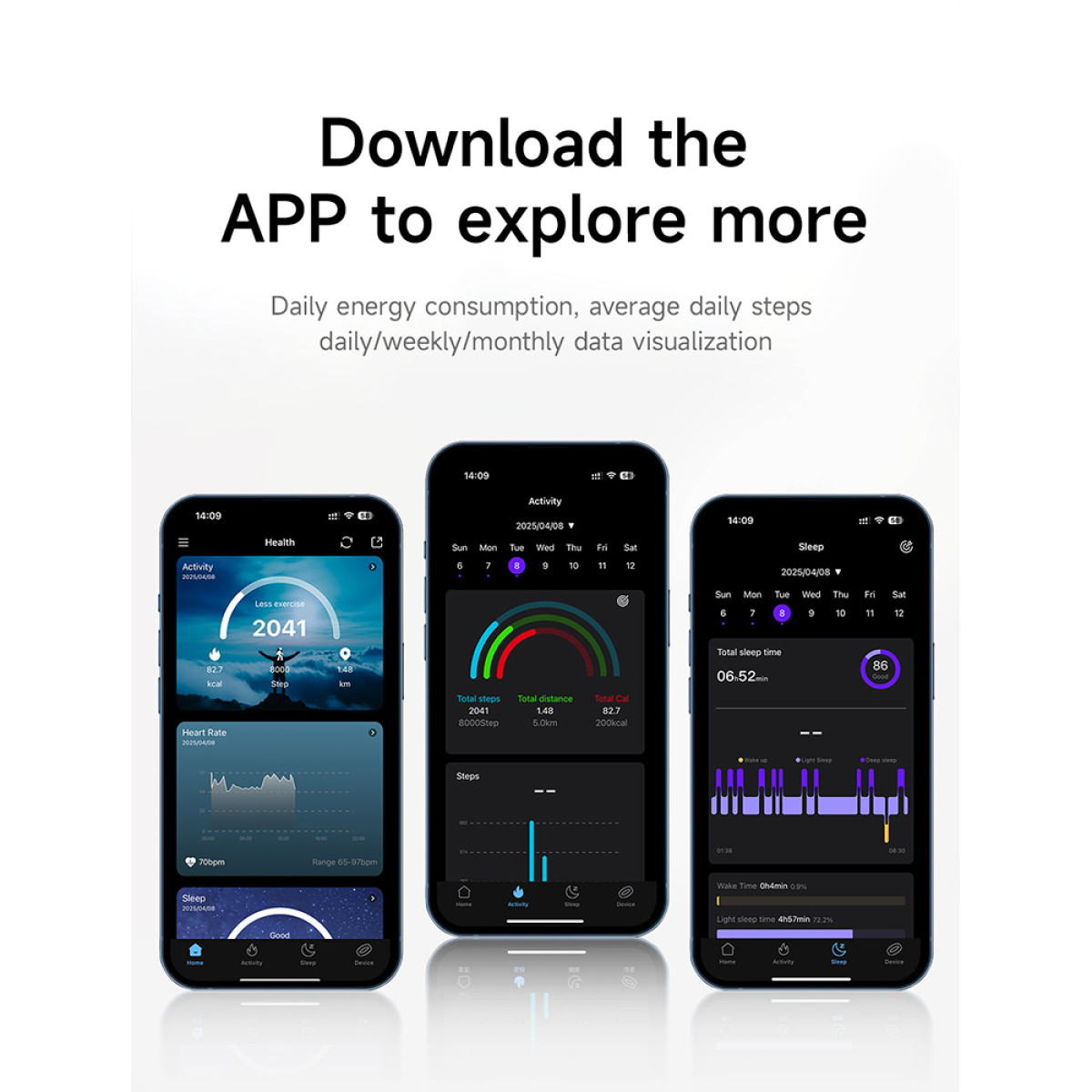 Drei Smartphones zeigen Fitness- und Gesundheitsdaten in einer App.