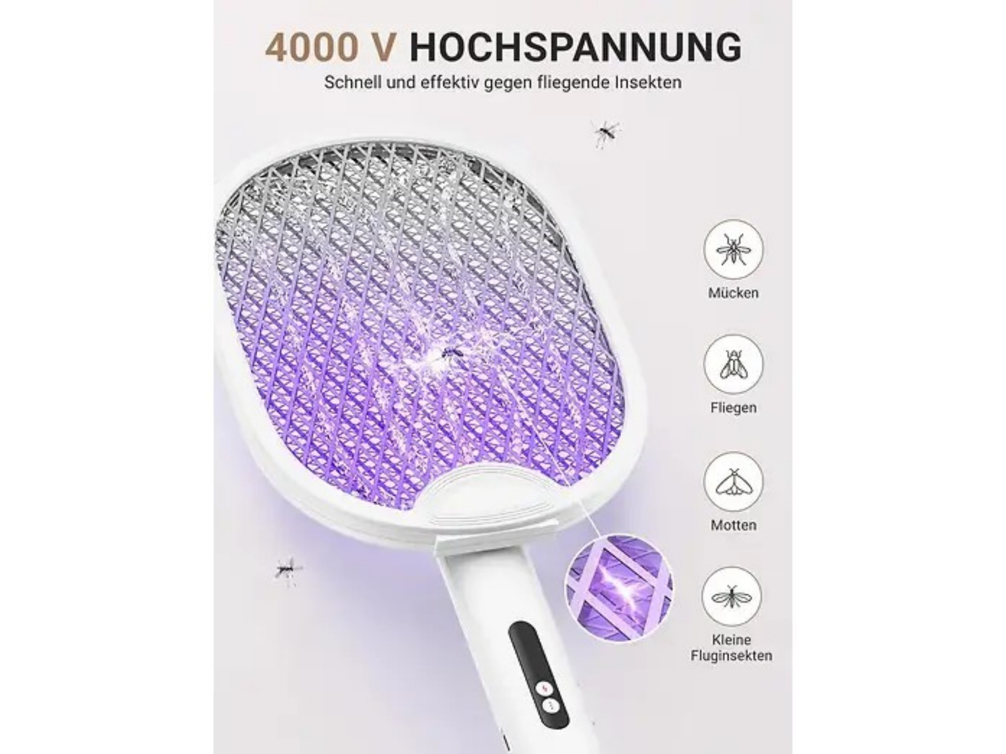 Eine elektrische Fliegenklatsche mit violettem Licht tötet Insekten ab, umgeben von Icons für verschiedene Insektenarten.
