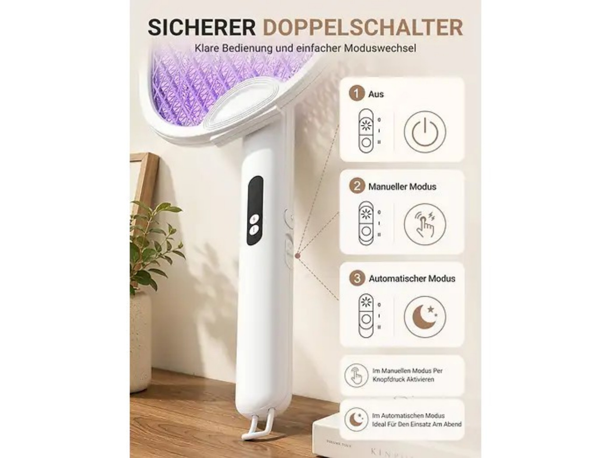 Eine weiße elektrische Fliegenklatsche mit violettem UV-Licht und deutscher Bedienungsanleitung.