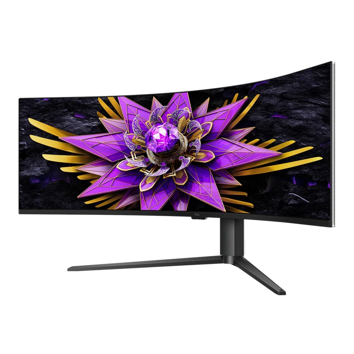 Un monitor ultra-largo curvo mostra un fiore viola con dettagli dorati su sfondo nero.