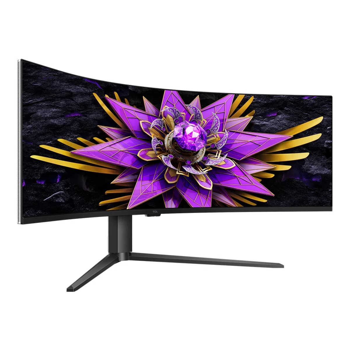 Un ampio monitor curvo mostra un fiore geometrico viola con gemma centrale su sfondo roccioso scuro.